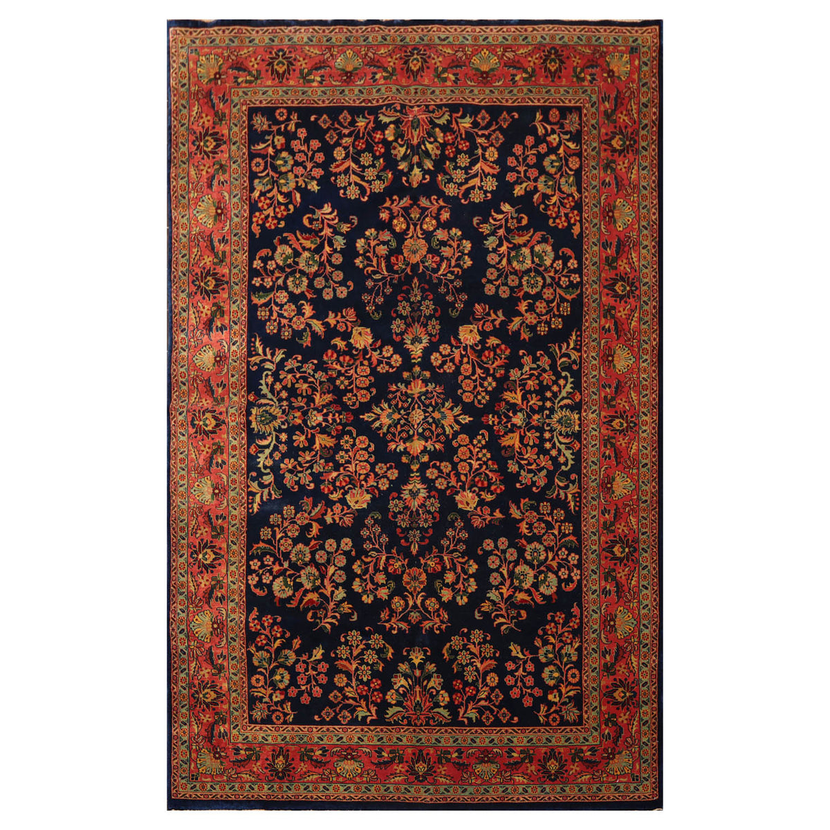 6x9 Navy, Antique Rose, Mint Color Hand Knotted All-Over 100% Wool Traditional Oriental Rug