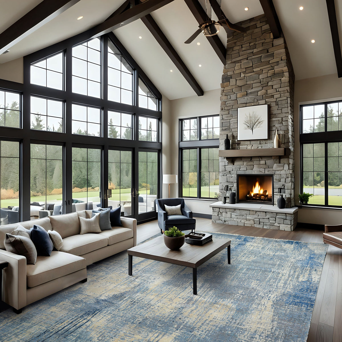 8x10 Beige, Blue, Color Hand Knotted Sherpa Wool and Silk Modern & Contemporary Oriental Rug