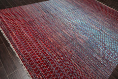 9x12 Blue, Burgundy, Red Color Hand Knotted Grass 100% Wool Contemporary Oriental Rug