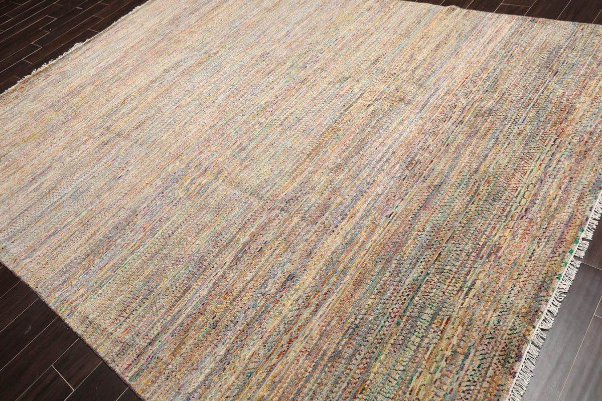 8x10 Tan, Beige, Turquoise Color Hand Knotted All-Over 100% Wool Modern Oriental Rug