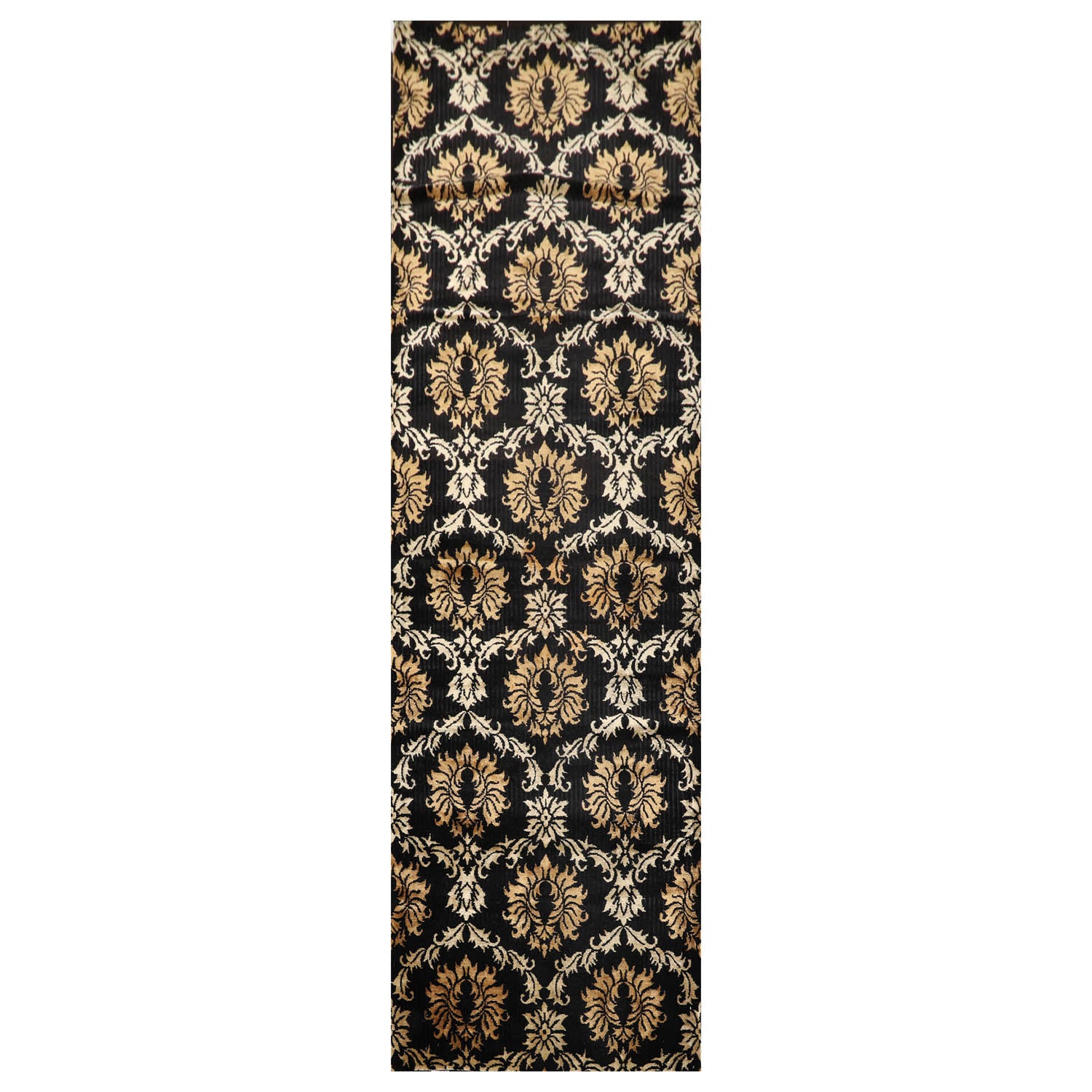 Runner Black, Gold, Beige Color Hand Knotted All-Over 100% Wool Transitional Oriental Rug