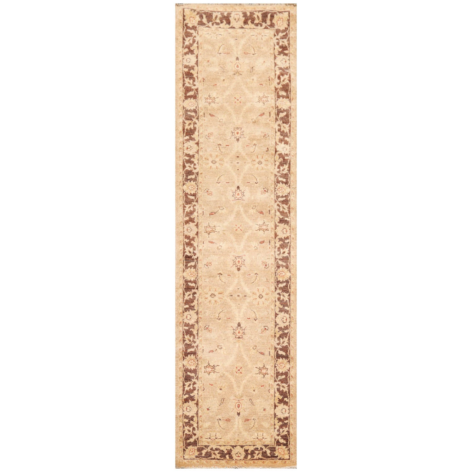 Runner Wheat, Brown, Beige Color Hand Knotted All-Over 100% Wool Traditional Oriental Rug