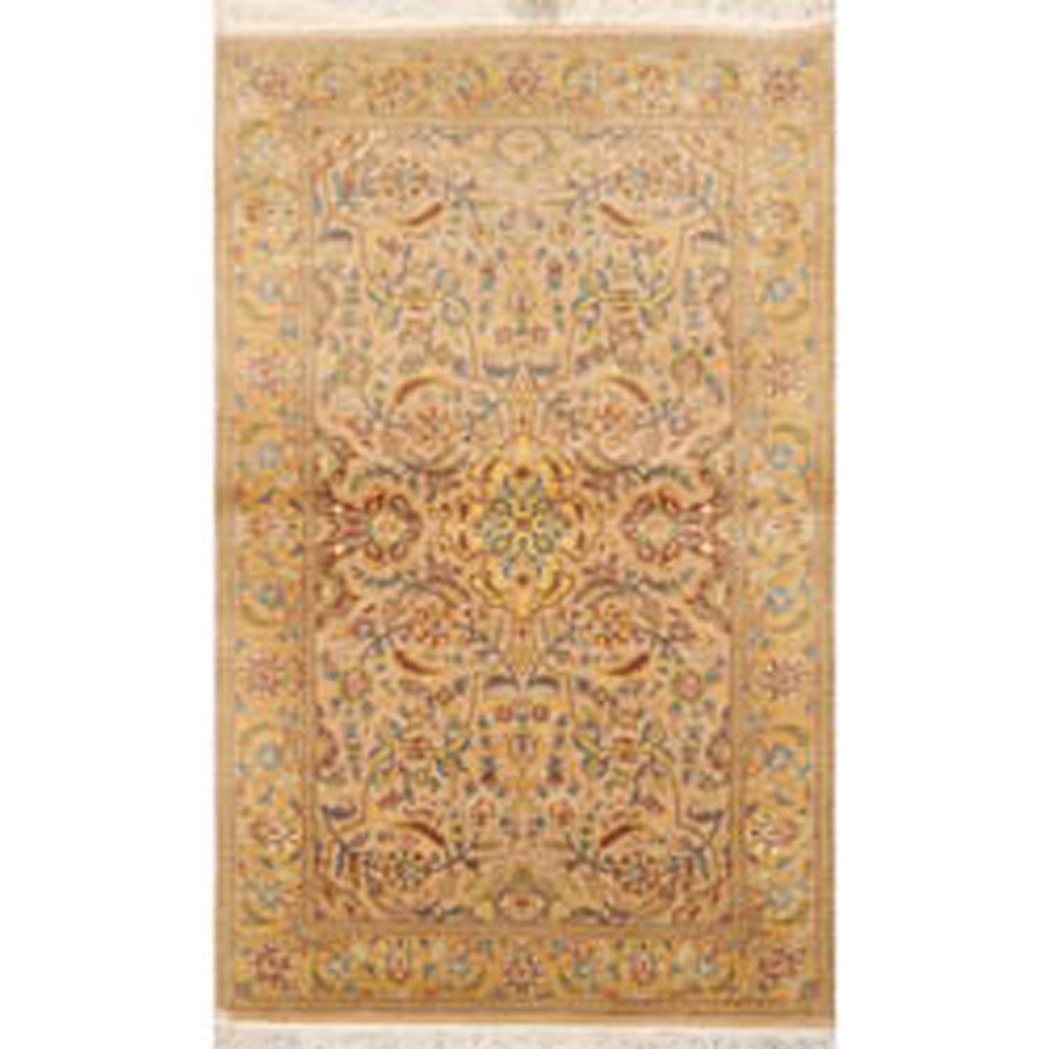 3x5 Tan, Light Gold, Blue Color Hand Knotted All-Over 100% Wool Traditional Oriental Rug