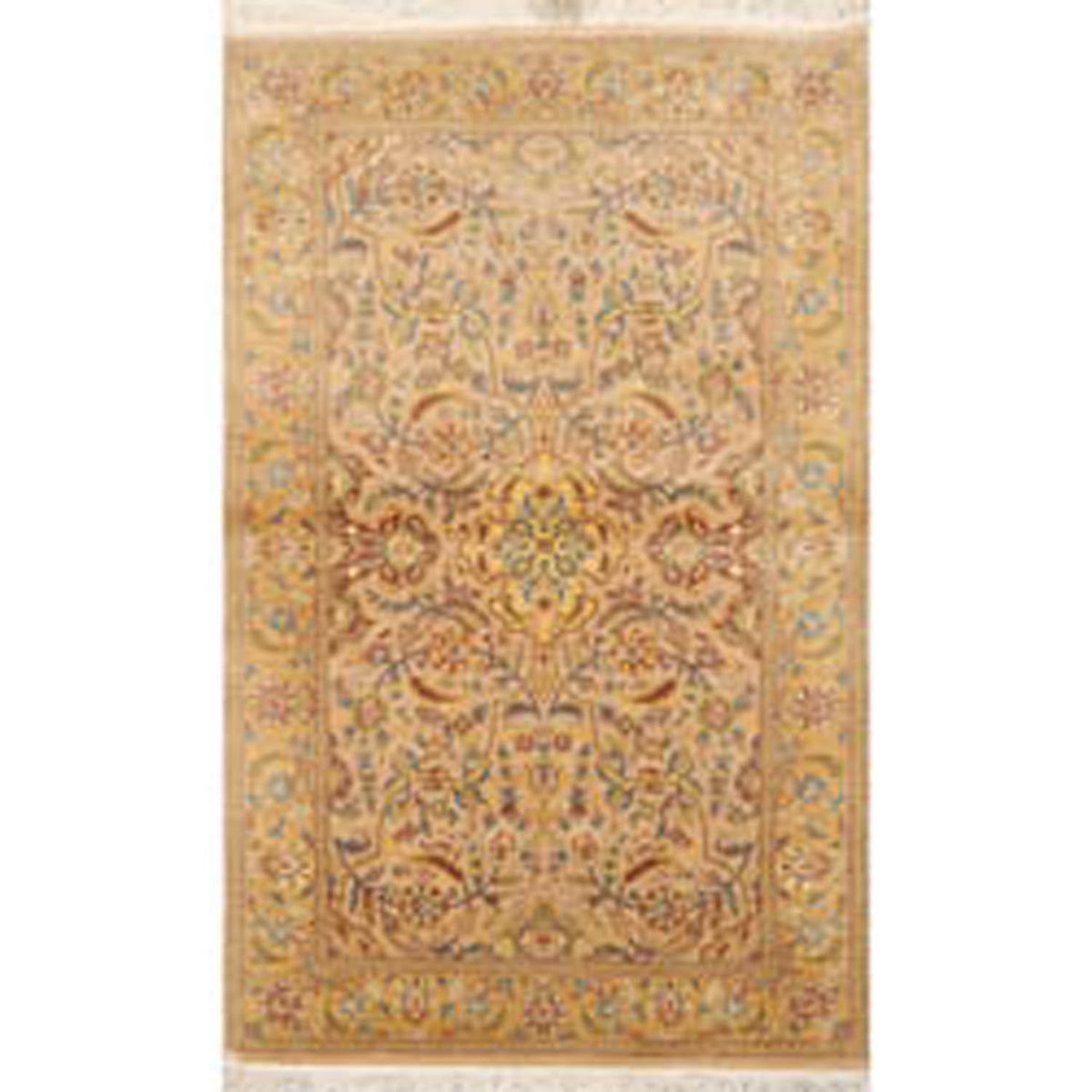 3x5 Tan, Light Gold, Blue Color Hand Knotted All-Over 100% Wool Traditional Oriental Rug