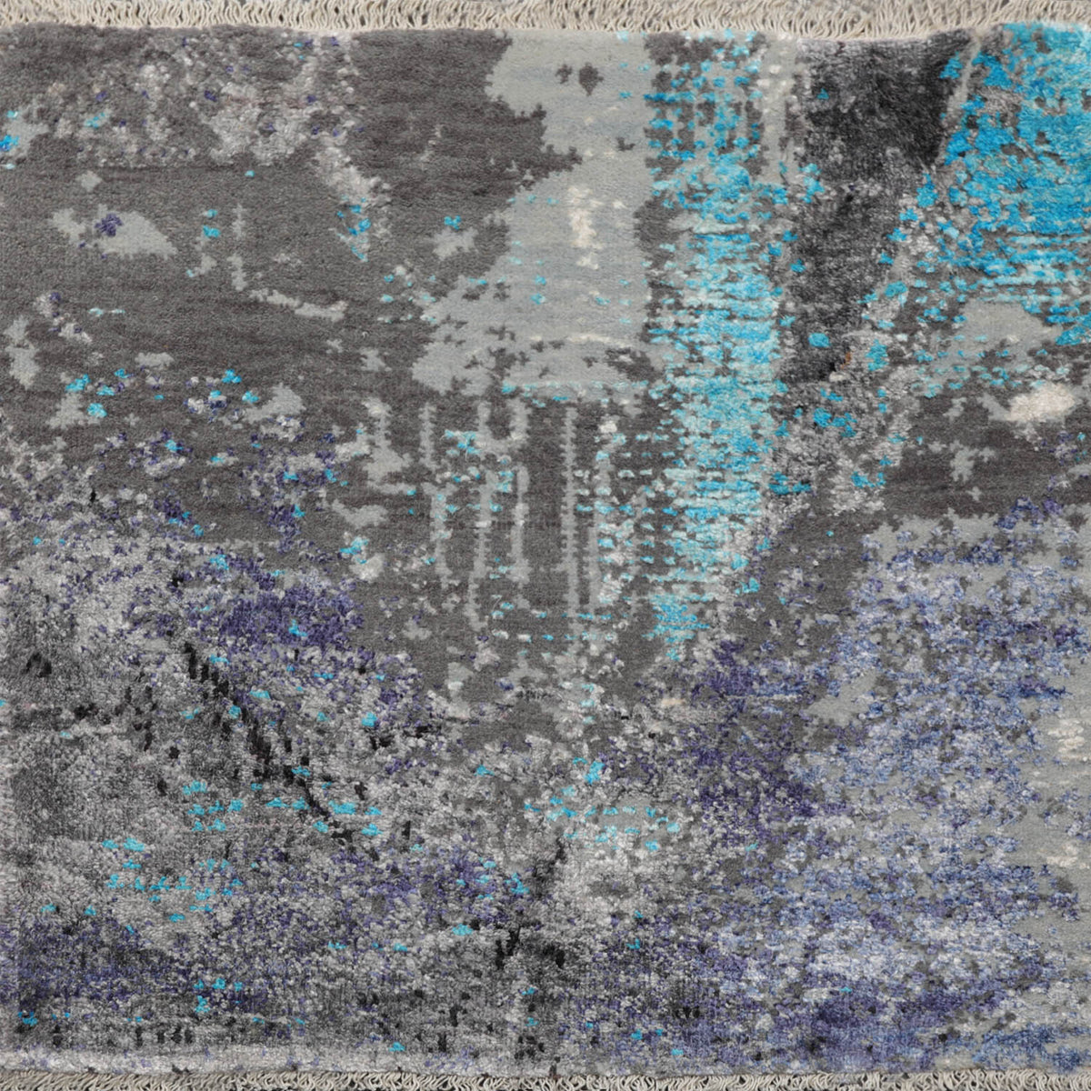 Square Gray, Purple, Turquoise Color Hand Knotted All-Over Wool & Silk Modern Oriental Rug