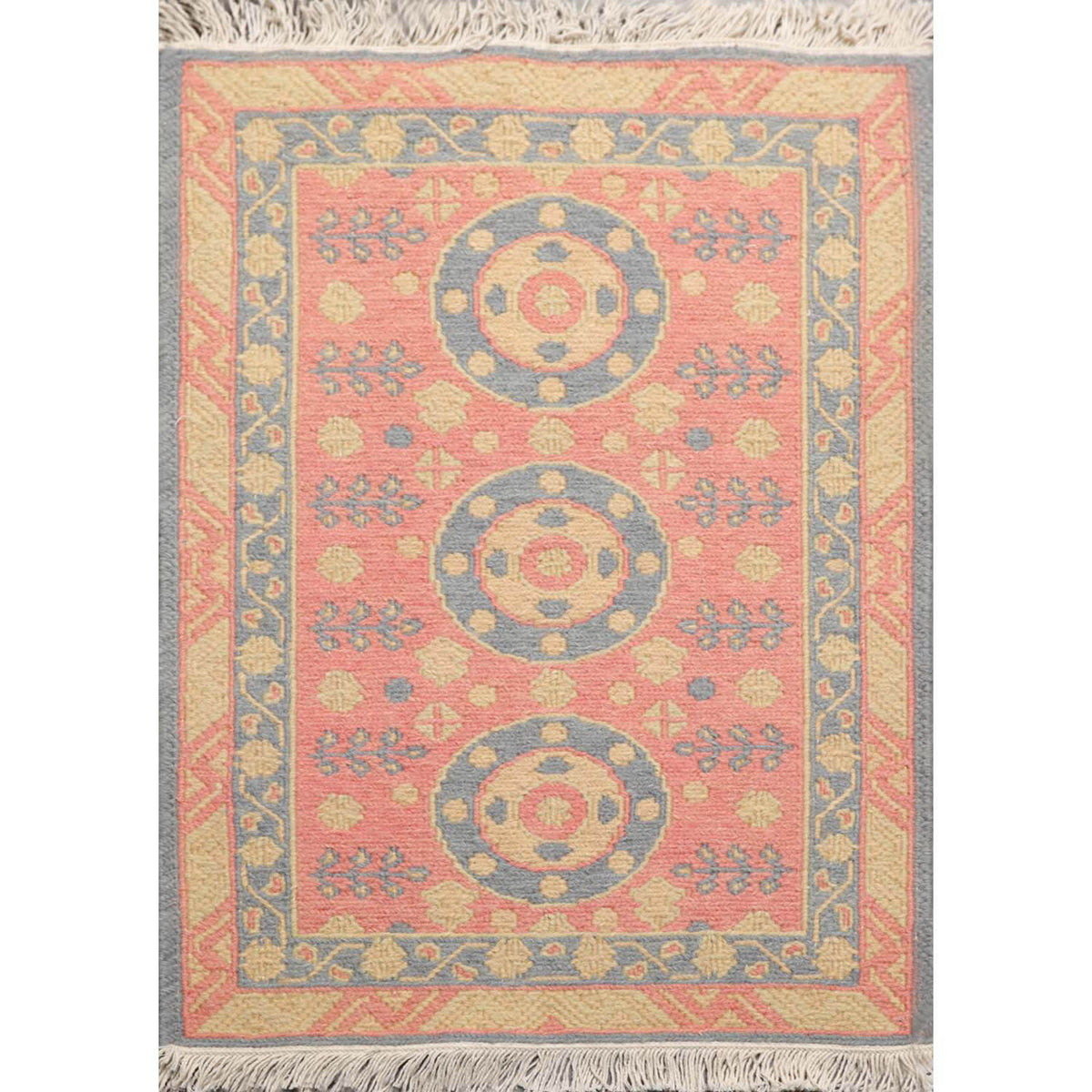 2x3 Rose, Blue, Gold Color Hand Knotted All-Over 100% Wool Transitional Oriental Rug