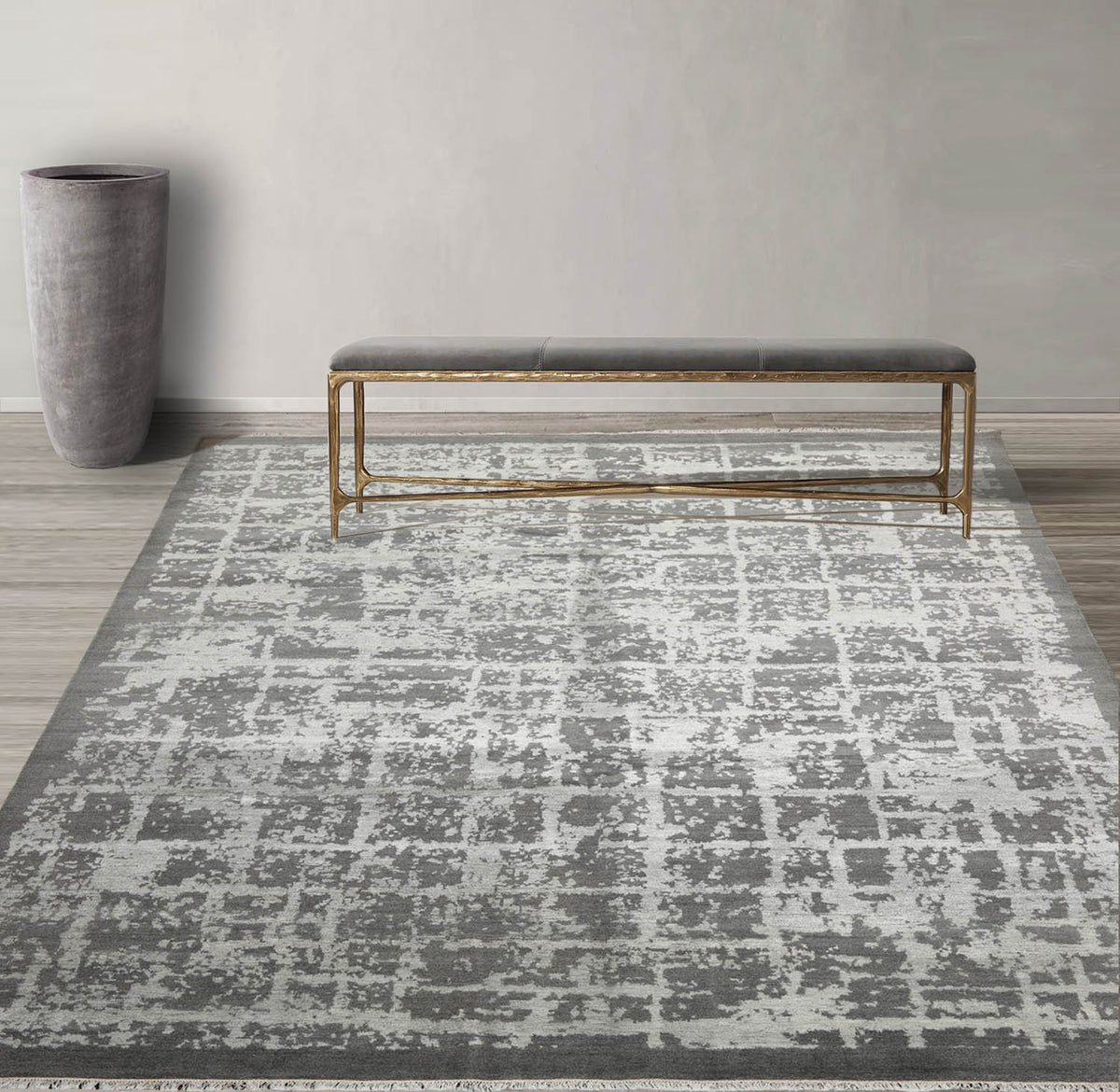 8x10 Tone on Tone Gray, , Color Hand Knotted Tibetan Wool & Silk Modern Oriental Rug