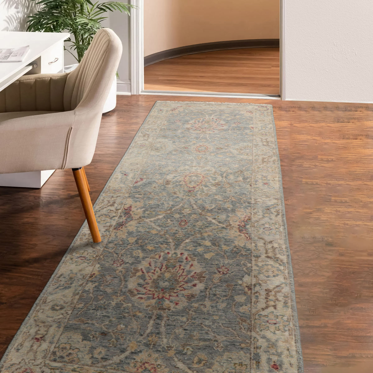 Runner Slate, Beige, Gold Color Hand Knotted Oushak 100% Wool Traditional Oriental Rug