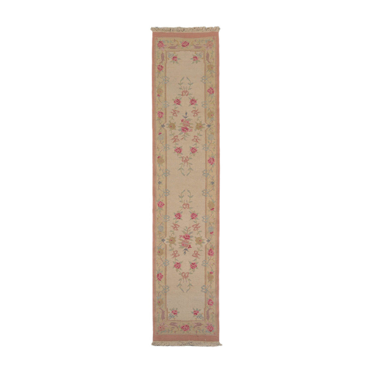 Runner Beige, Blush, Blue Color Hand Knotted All-Over 100% Wool Traditional Oriental Rug