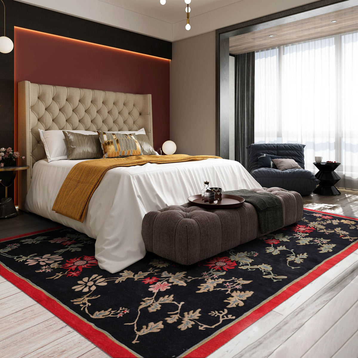 6x9 Midnight Blue, Coral, Beige Color Hand Knotted All-Over 100% Wool Traditional Oriental Rug