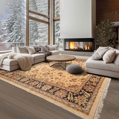 9x12 Tan, Midnight Blue, Blush Color Hand Knotted All-Over 100% Wool Traditional Oriental Rug