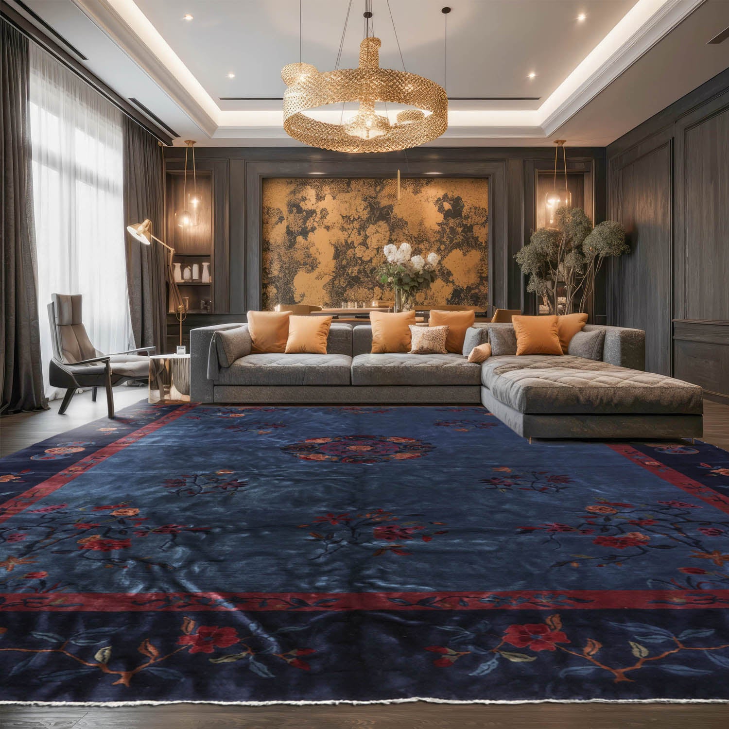 10x14 Navy, Plum, Peach Color Hand Knotted All-Over 100% Wool Traditional Oriental Rug