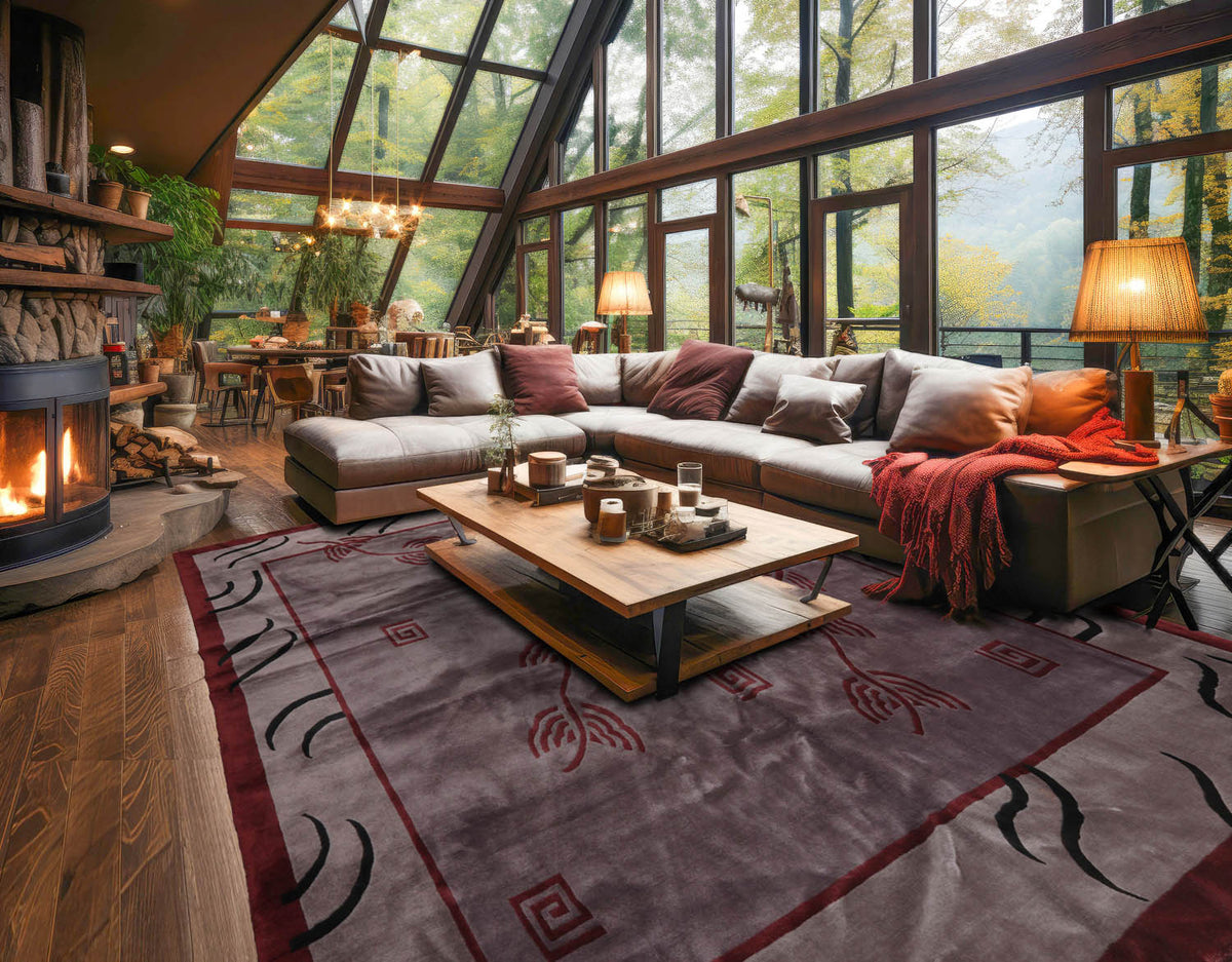 Square Aubergine, Taupe, Maroon Color Hand Knotted All-Over 100% Wool Modern Oriental Rug