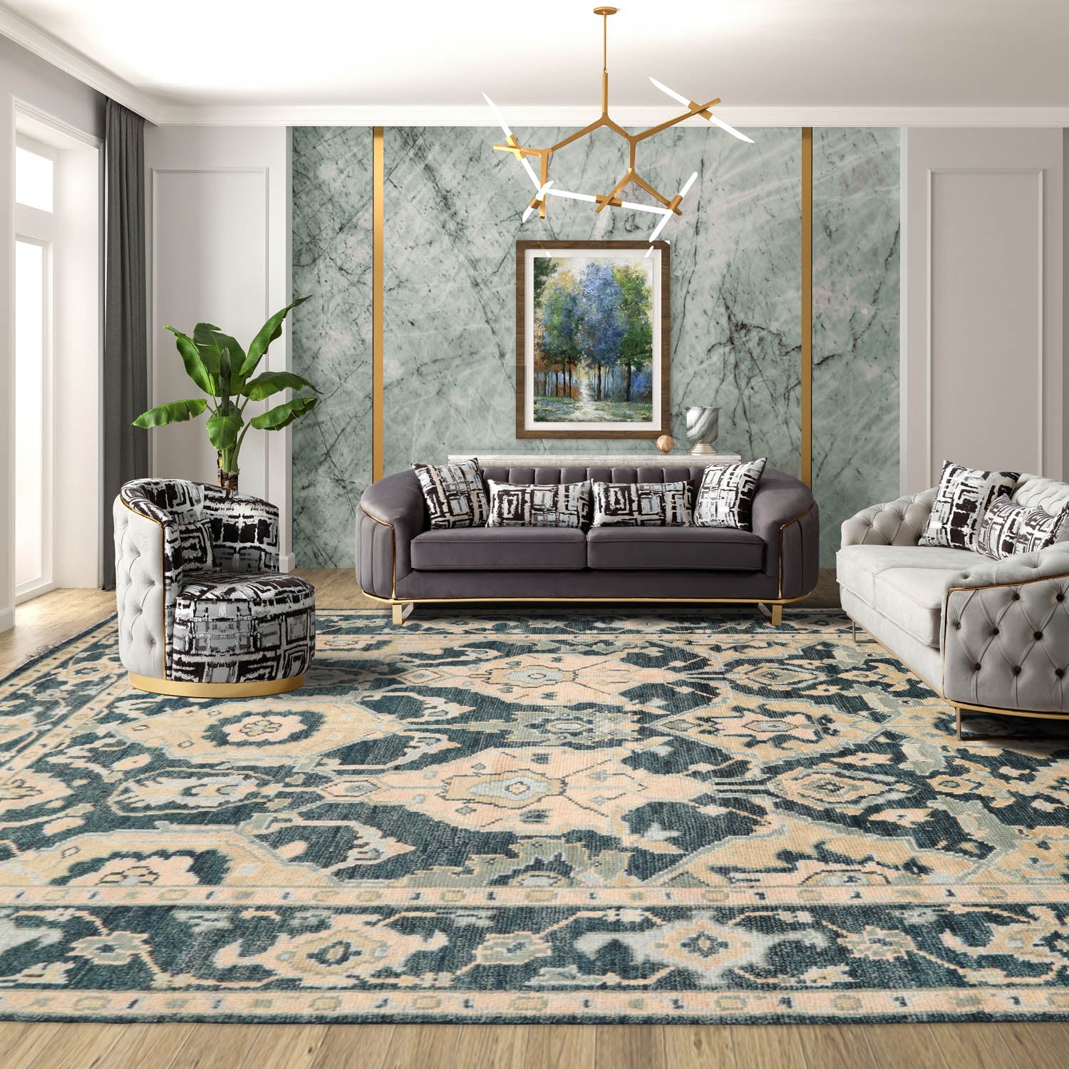 8x10 Teal, Pale Peach, Celadon Color Hand Knotted All-Over 100% Wool Traditional Oriental Rug