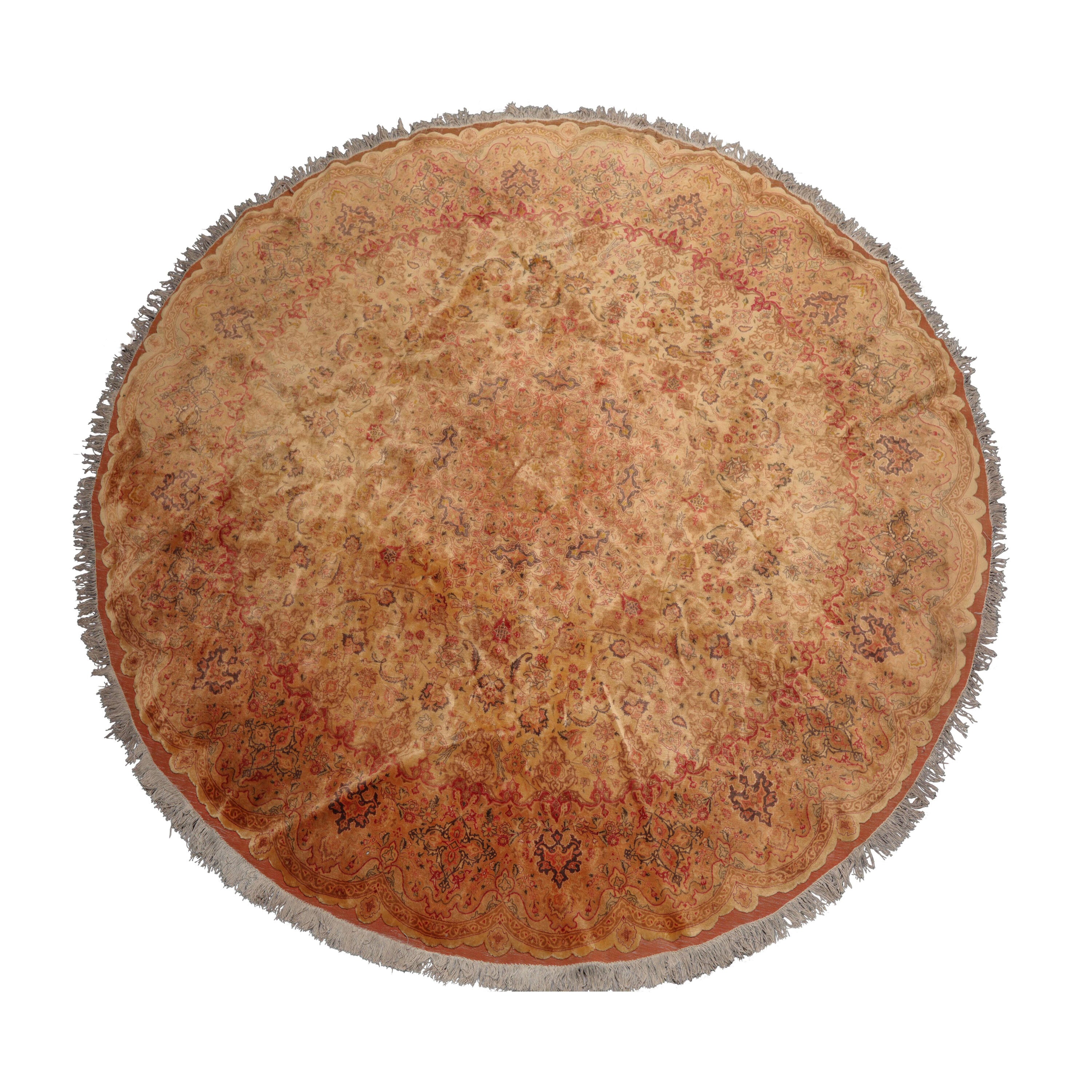 Round Tan, Peach Hand Knotted Wool and Silk Tabriz Traditional Oriental Area Rug