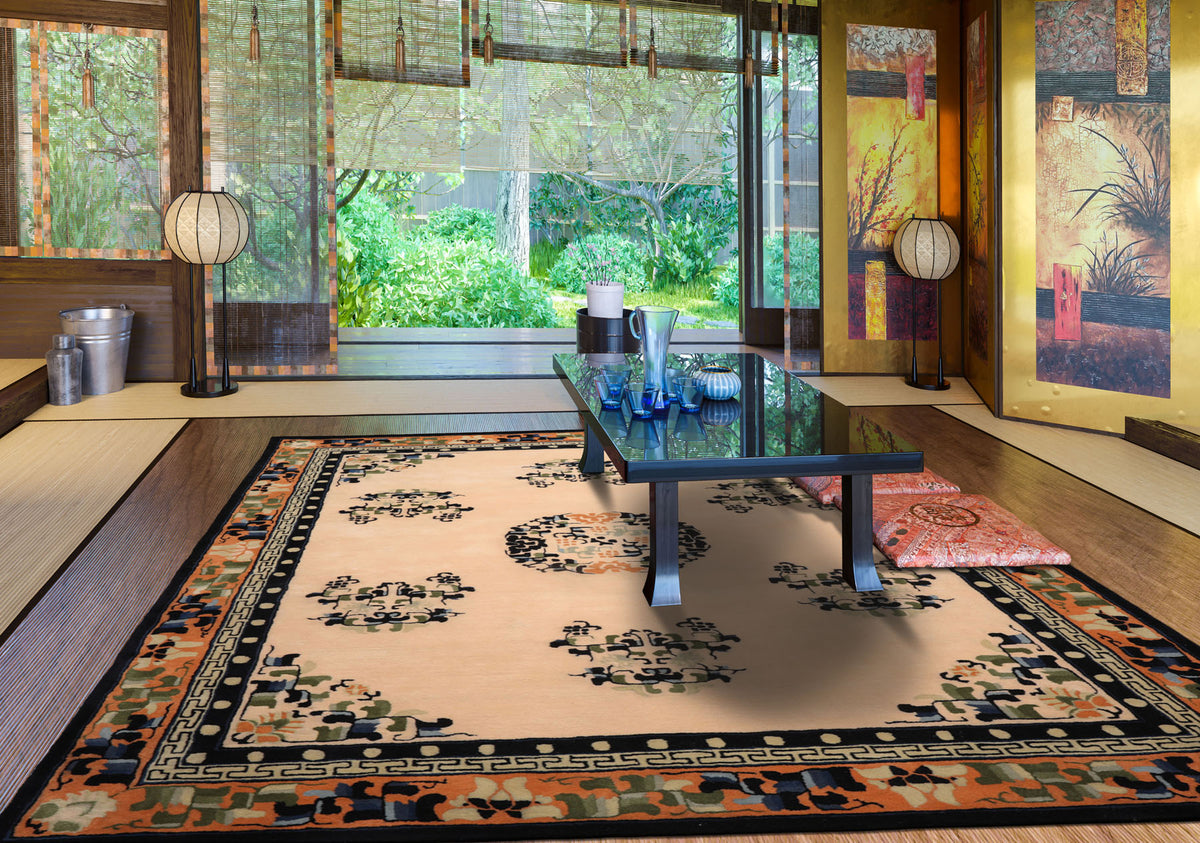 5x8 Beige with Peach Undertone Peach Black Color Hand Tufted Medallion New Zealand Wool  Oriental Rug