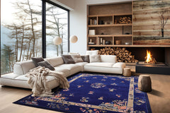 5x8 Royal Blue Beige Tan Color Hand Tufted Pictorial New Zealand Wool  Oriental Rug