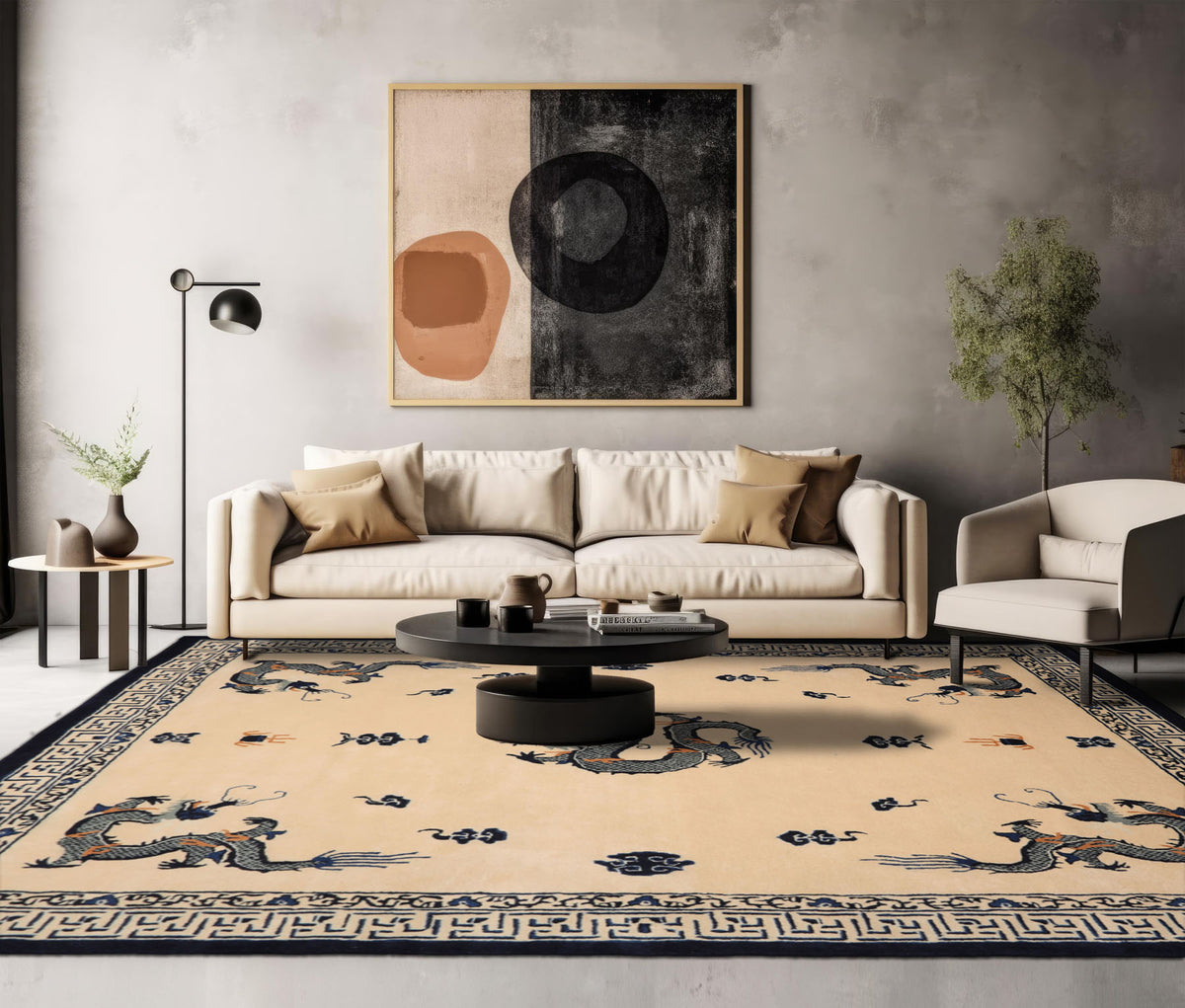 5x8 Ivory Navy Gray Color Hand Tufted Dragon New Zealand Wool  Oriental Rug