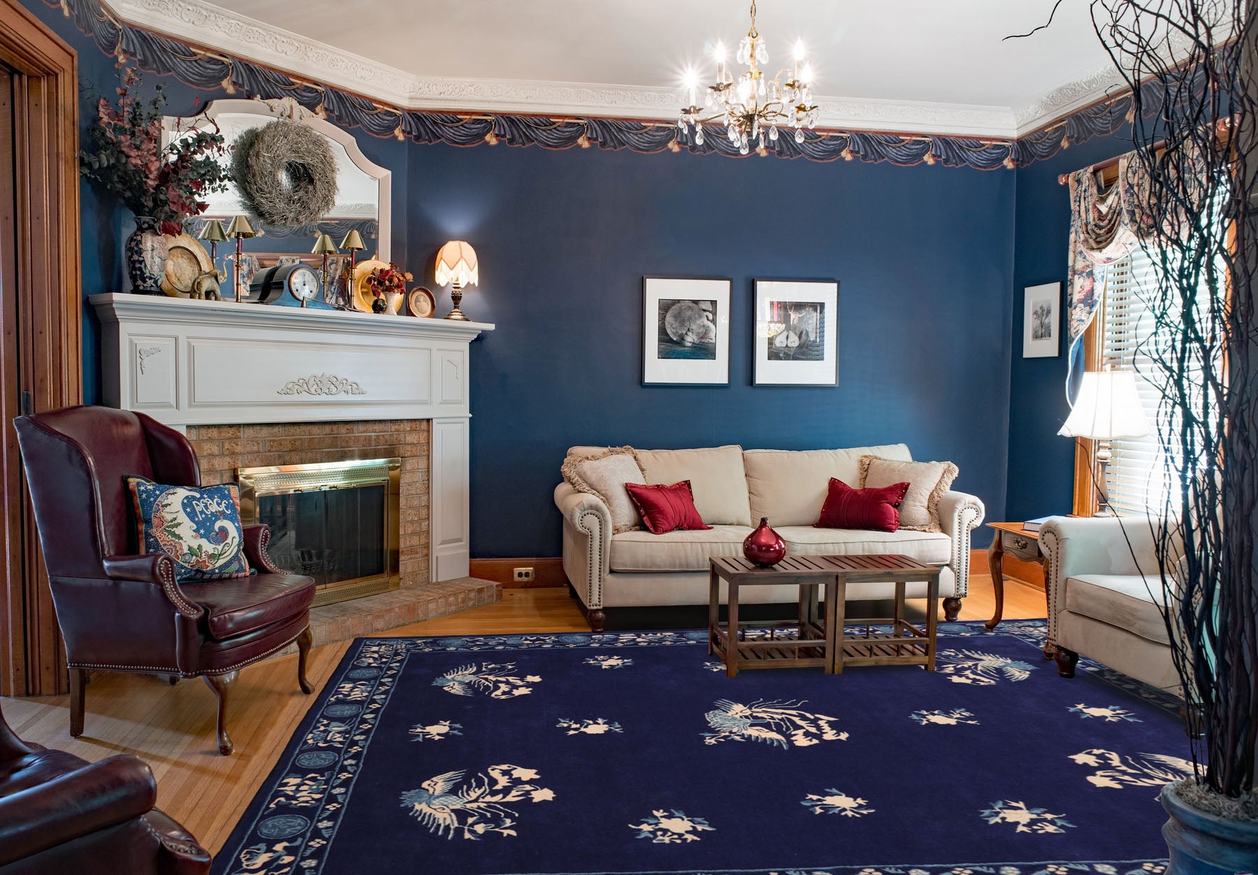 5x8 Navy Ivory Blue Color Hand Tufted Pictorial New Zealand Wool  Oriental Rug