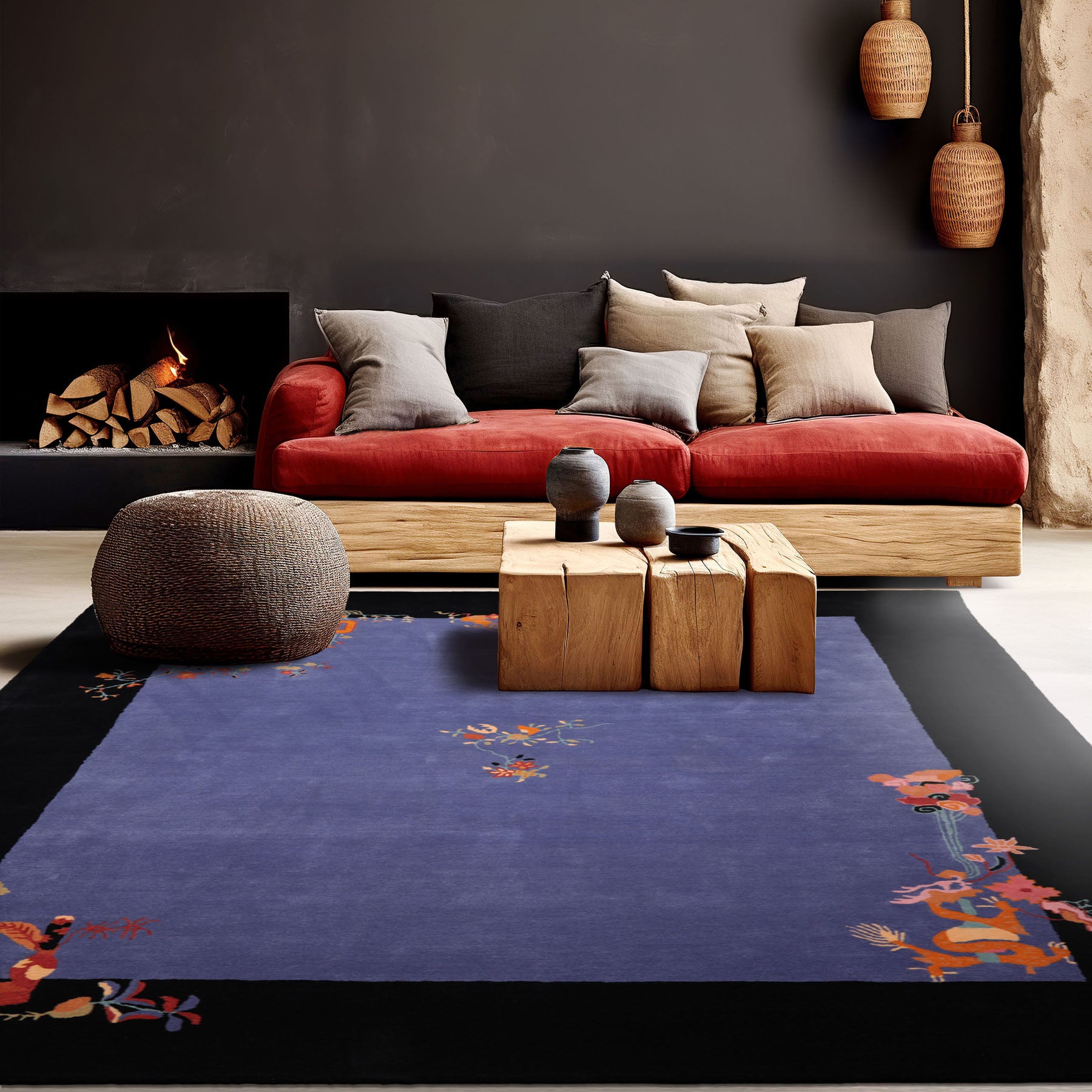 5x8 Blue Black Orange Color Hand Tufted Vase New Zealand Wool Transitional Oriental Rug