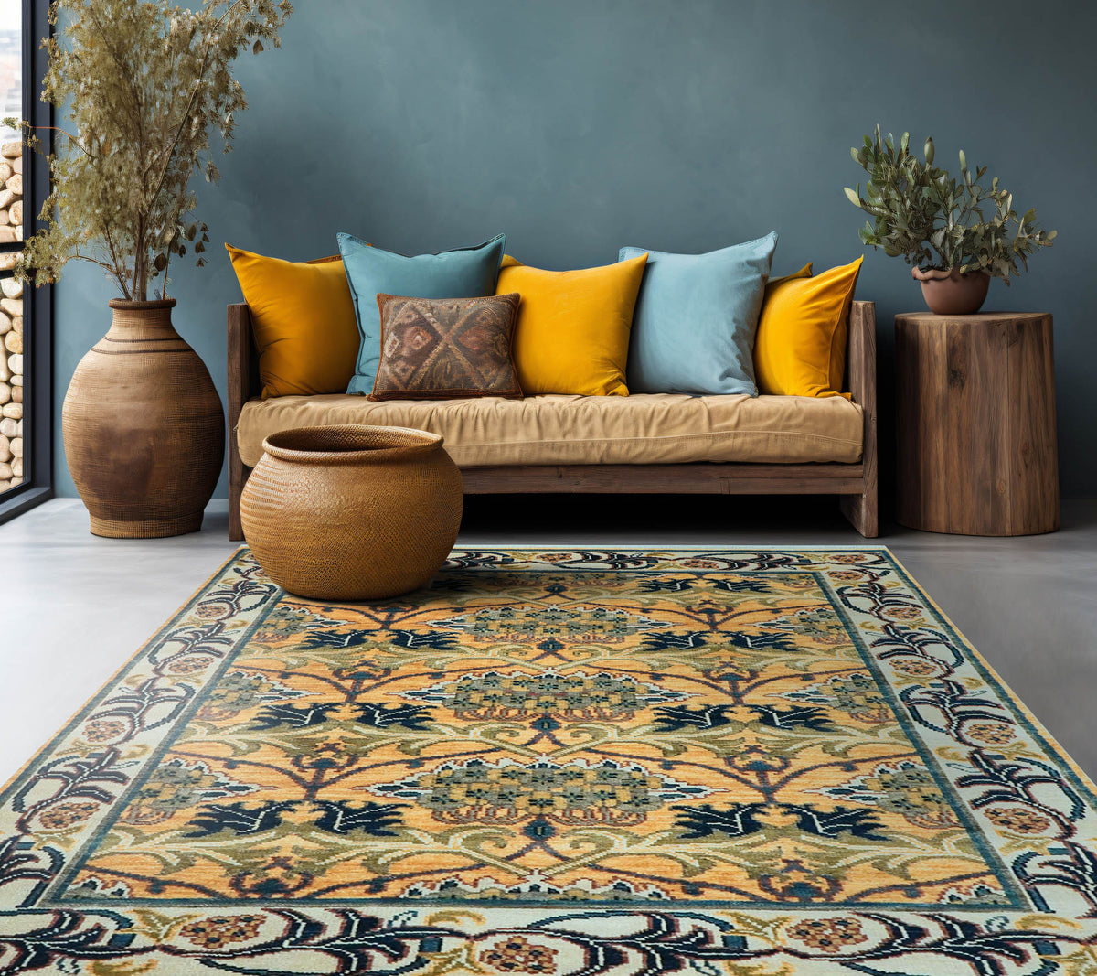 Fulmer LoomBloom 8x10 Oriental Area Rug in Gold - William Morris Arts & Crafts Oushak Wool, Hand-Knotted