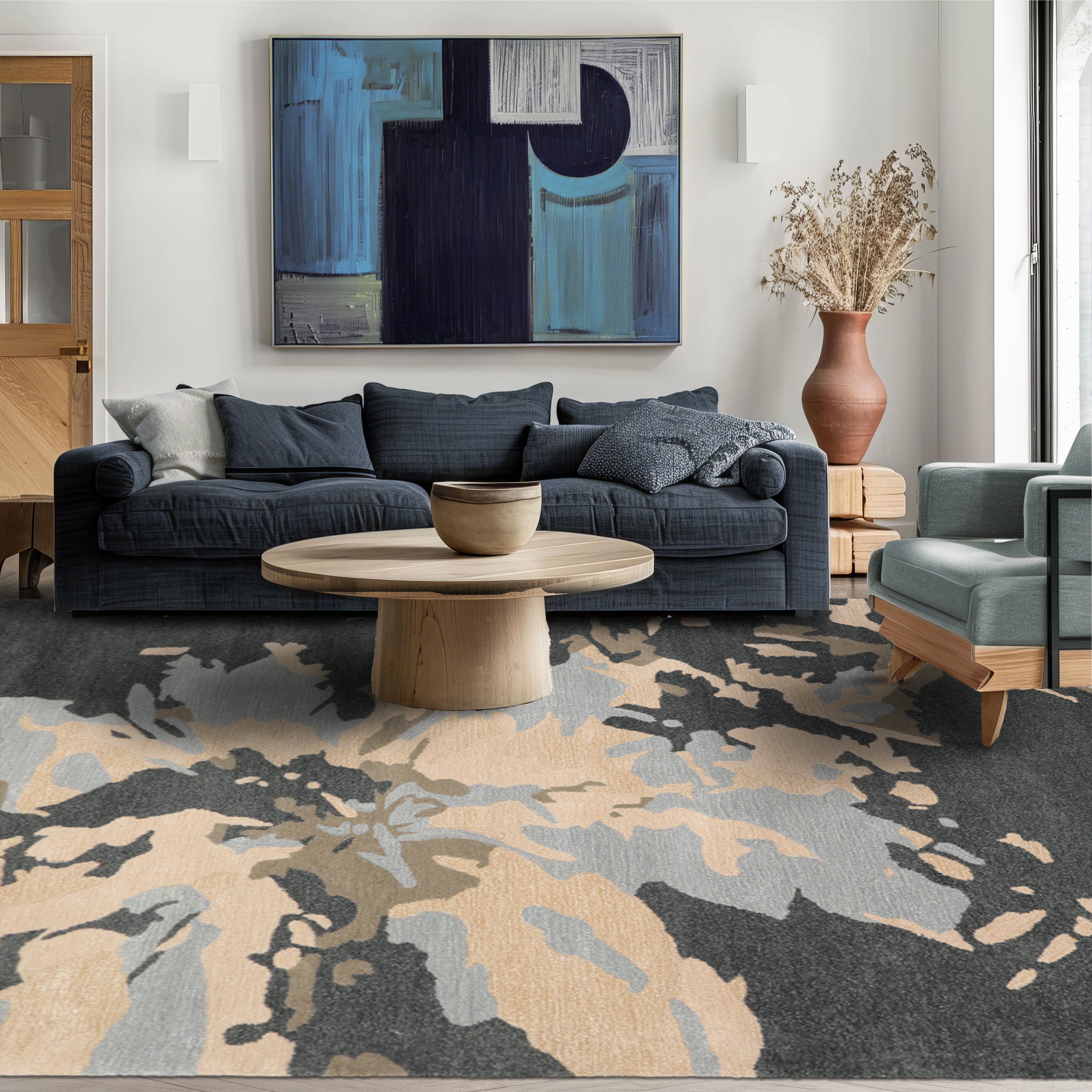 Runner Slate Gray Tan Brown Color Hand Tufted Abstract Wool and Bamboo Silk Modern Oriental Rug