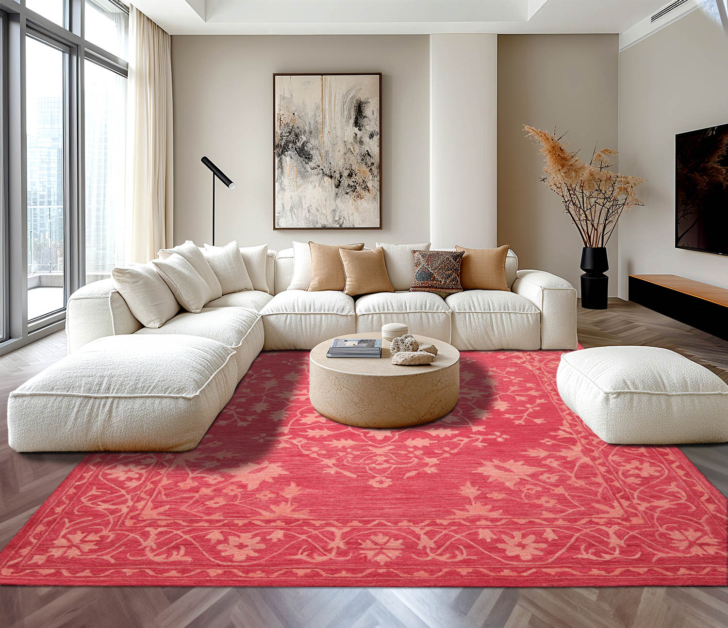 8x10 Coral Rose Ivory Color Hand Tufted All-Over Wool Transitional Oriental Rug