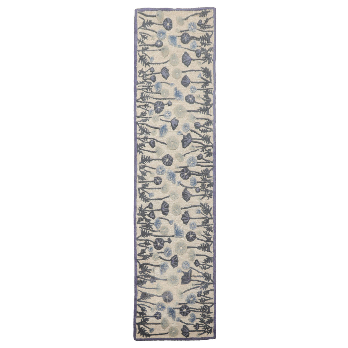 Runner Beige Tan Blue Color Hand Tufted Botanical Wool and Silk Contemporary Oriental Rug