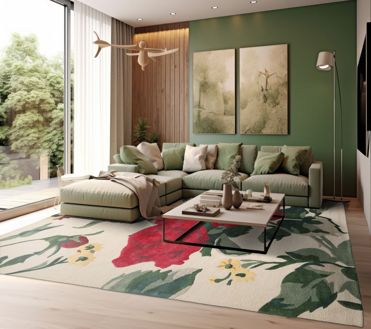 Multi Size Beige Green Ruby Red Color Hand Tufted Floral Wool and Faux Silk Contemporary Oriental Rug