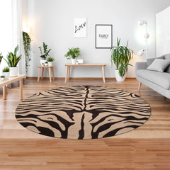 Round Beige Brown Color Hand Tufted Zebra Print Wool Modern Oriental Rug