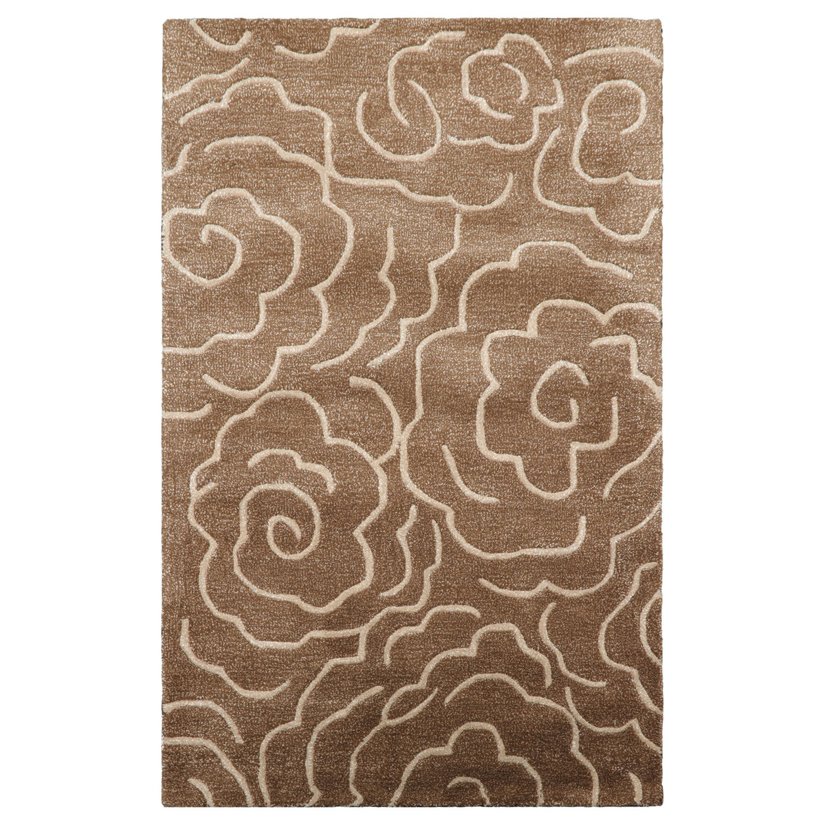 4x6 Brown Beige Ivory Color Hand Tufted Floral Wool and Faux Silk Contemporary Oriental Rug