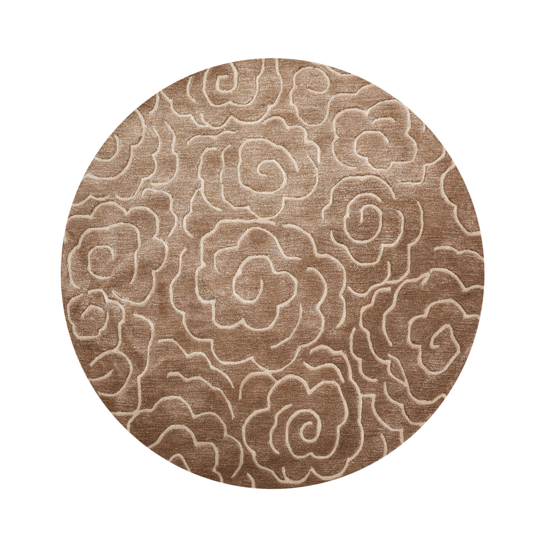 Round Brown Beige Ivory Color Hand Tufted Floral Wool and Faux Silk Contemporary Oriental Rug