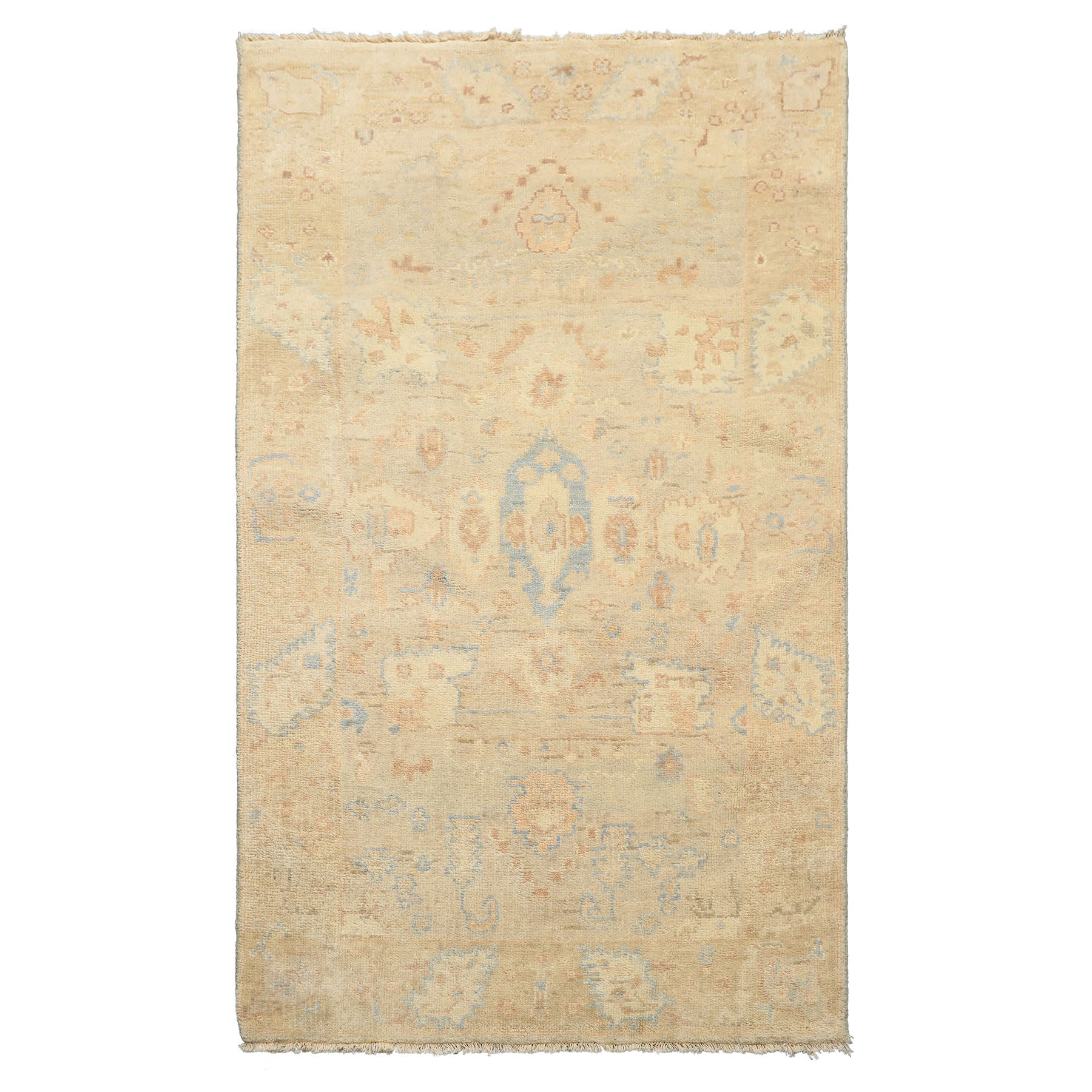 3x5 Beige, Ivory, Aqua Color Hand Knotted Oushak Wool Transitional Oriental Rug