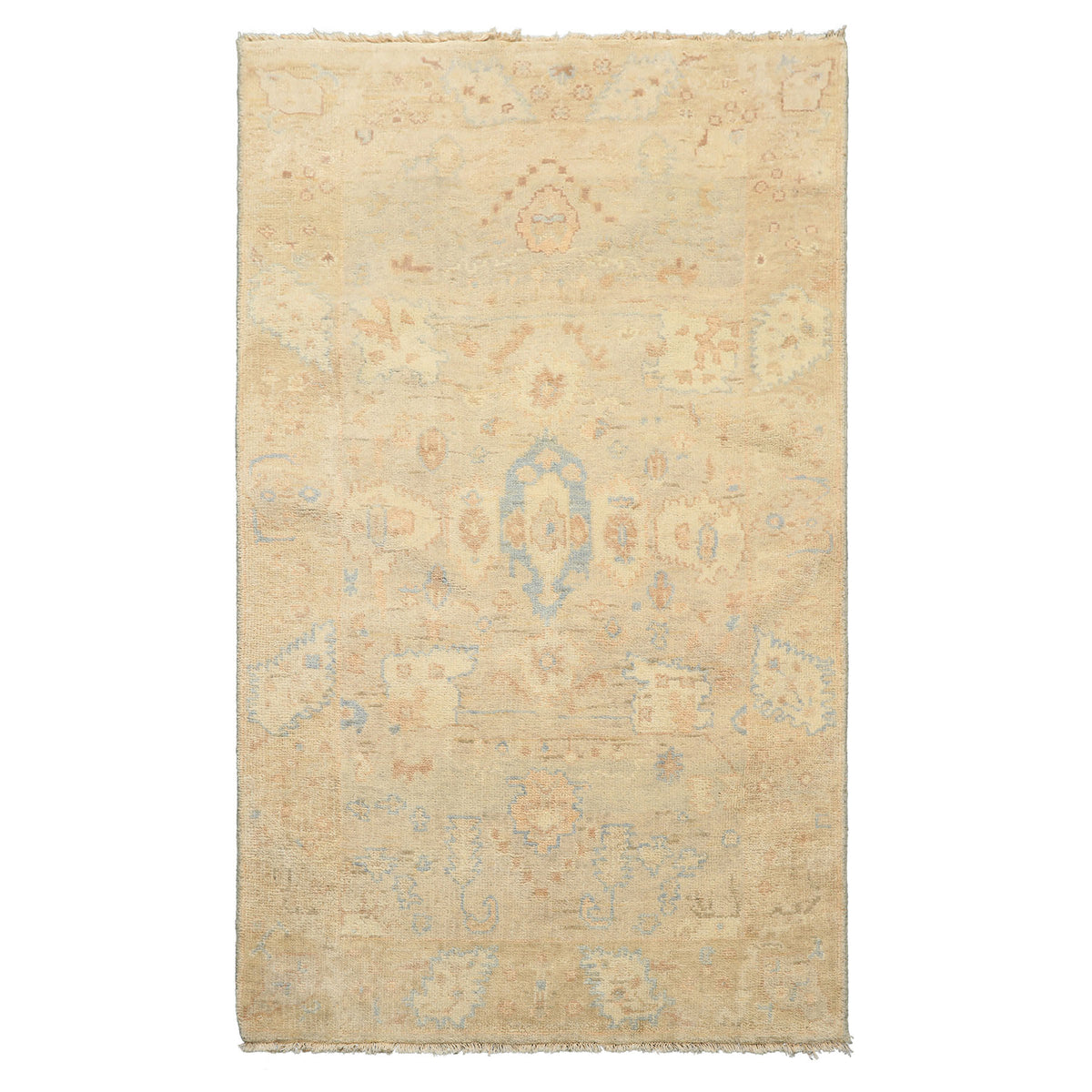 3x5 Beige, Ivory, Aqua Color Hand Knotted Oushak Wool Transitional Oriental Rug