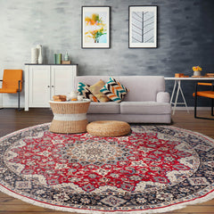 Round Red, Navy, Ivory Color Hand Knotted Isphahan Wool & Silk Traditional Oriental Rug