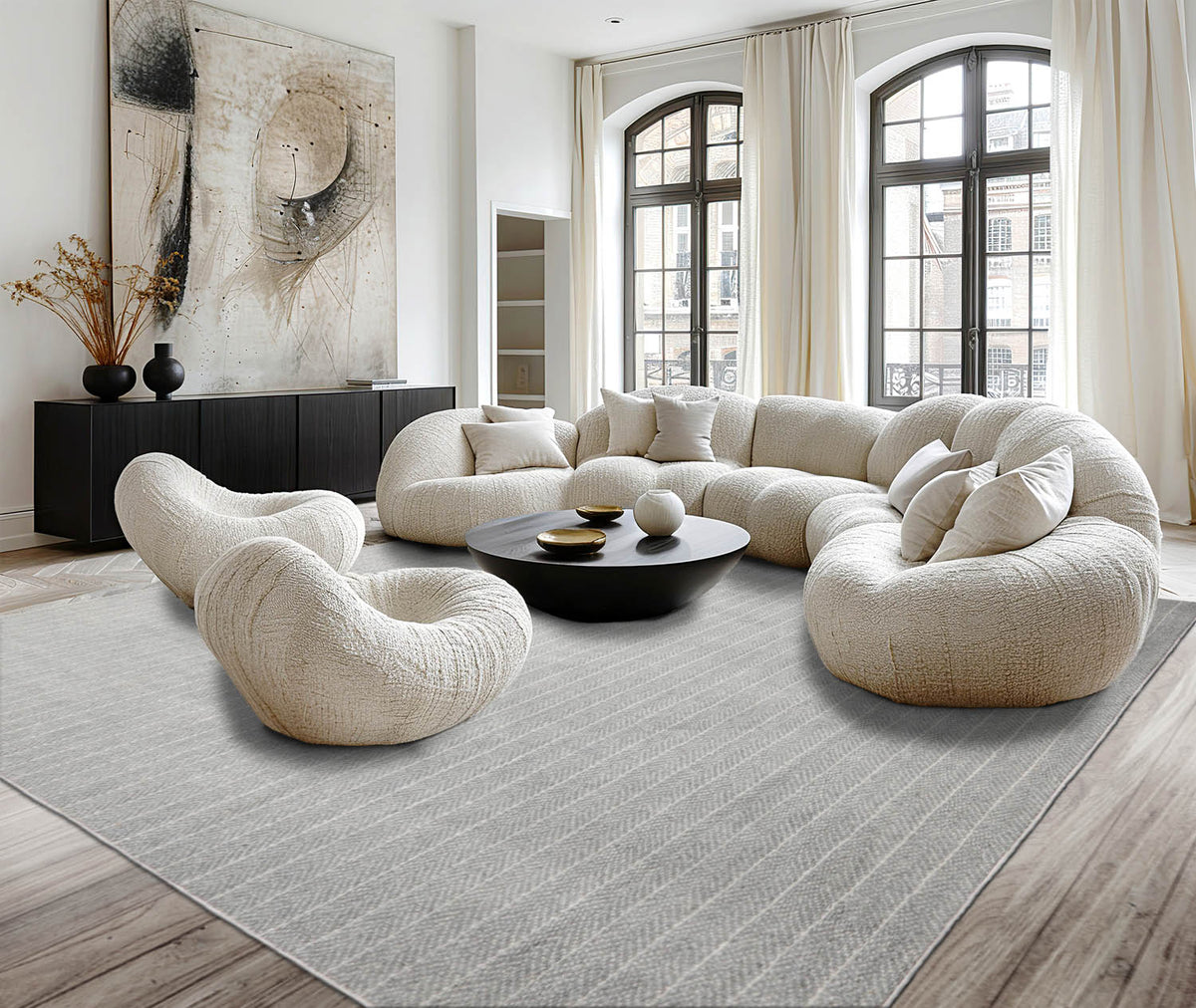 Runner Ash Gray Cream Color Hand Tufted Herringbone New Zealand Wool Contemporary Oriental Rug