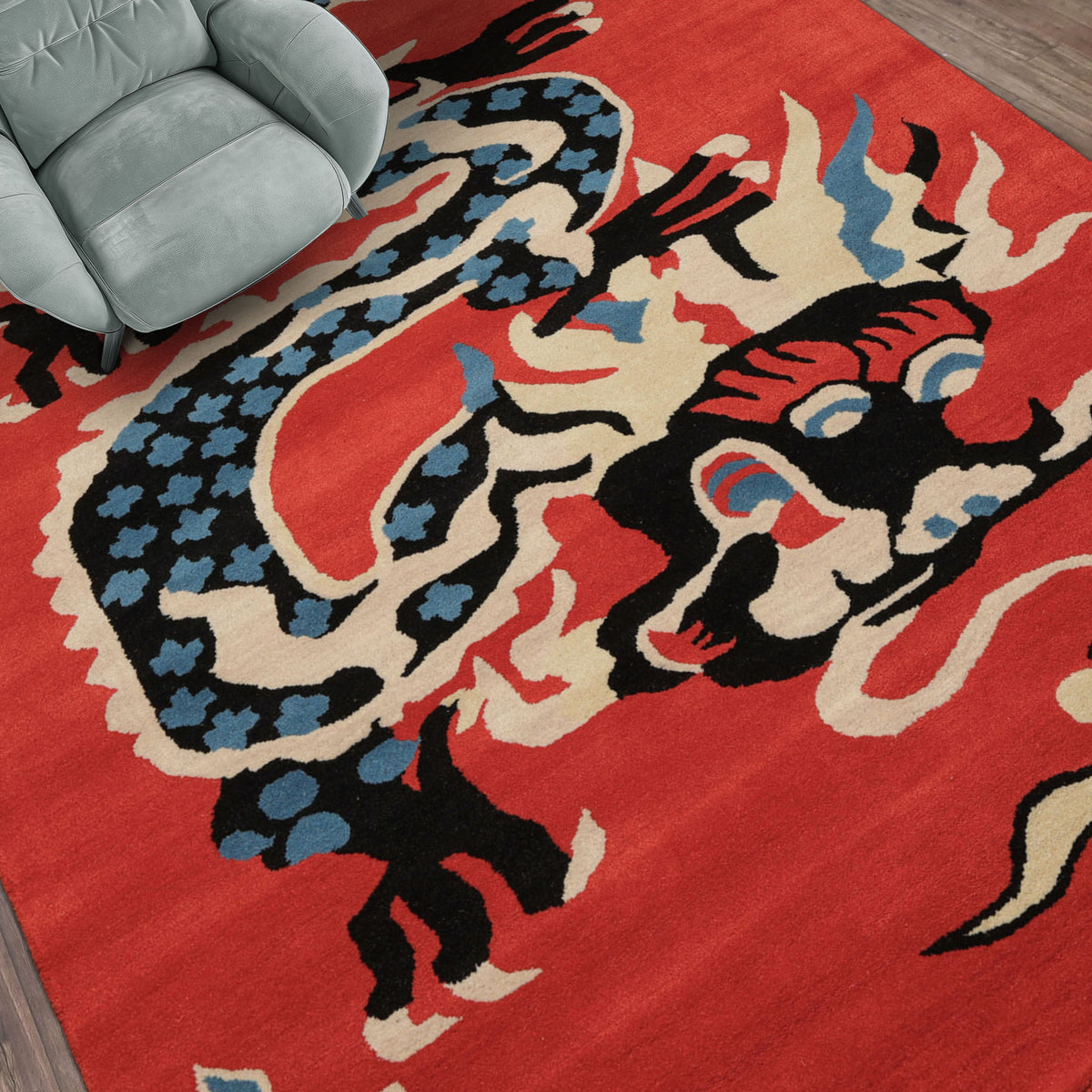loomBloom Orange Multi Size Pictorial Transitional Chinese Art Deco Dragon and Phoenix Hand Tufted Wool Oriental Area Rug