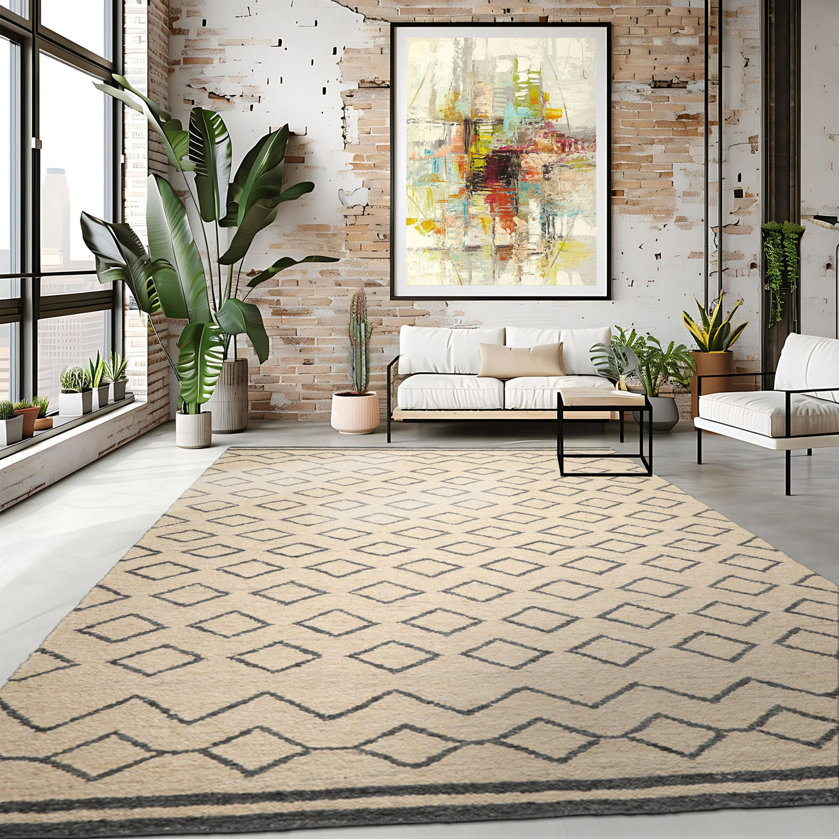 Hasse Multi Size Oatmeal Hand Woven Wool Area Rug LoomBloom Geometric Flatweave Contemporary Style