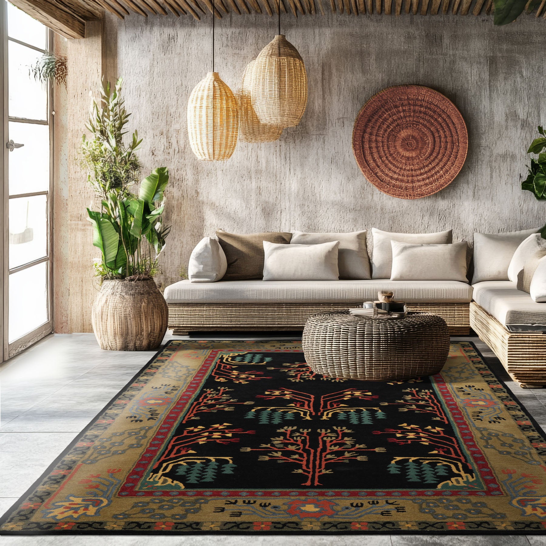 5x8 Black, Pistachio, Coral Color Hand Tufted Donegal Wool Traditional Oriental Rug