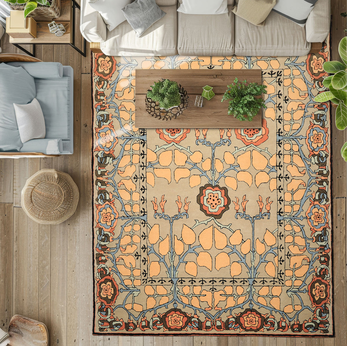 Multi Size Beige Peach Blue Color Hand Tufted Arts & Crafts Wool Transitional Oriental Rug