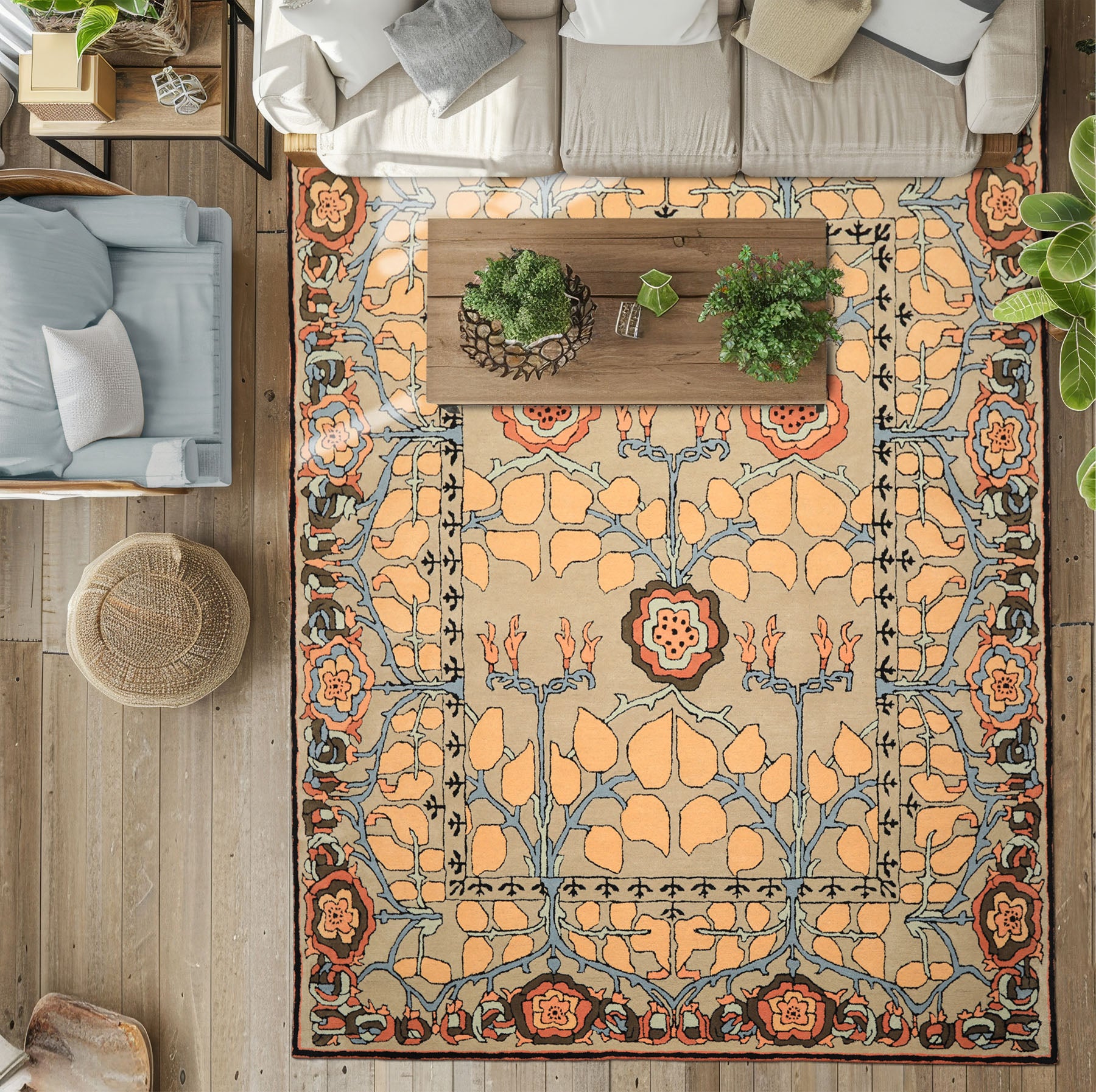 Multi Size Beige Peach Blue Color Hand Tufted Arts & Crafts Wool Transitional Oriental Rug