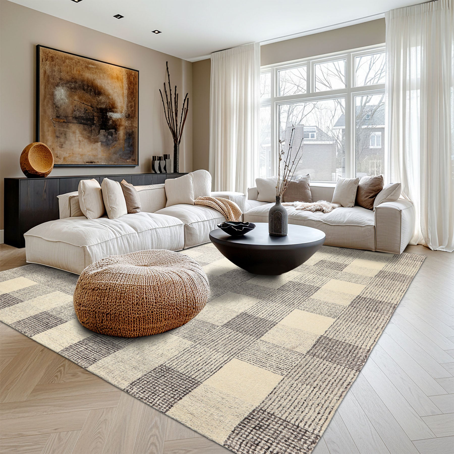 Multi Size Cream Charcoal Gray Color Hand Hooked  Wool Contemporary Oriental Rug