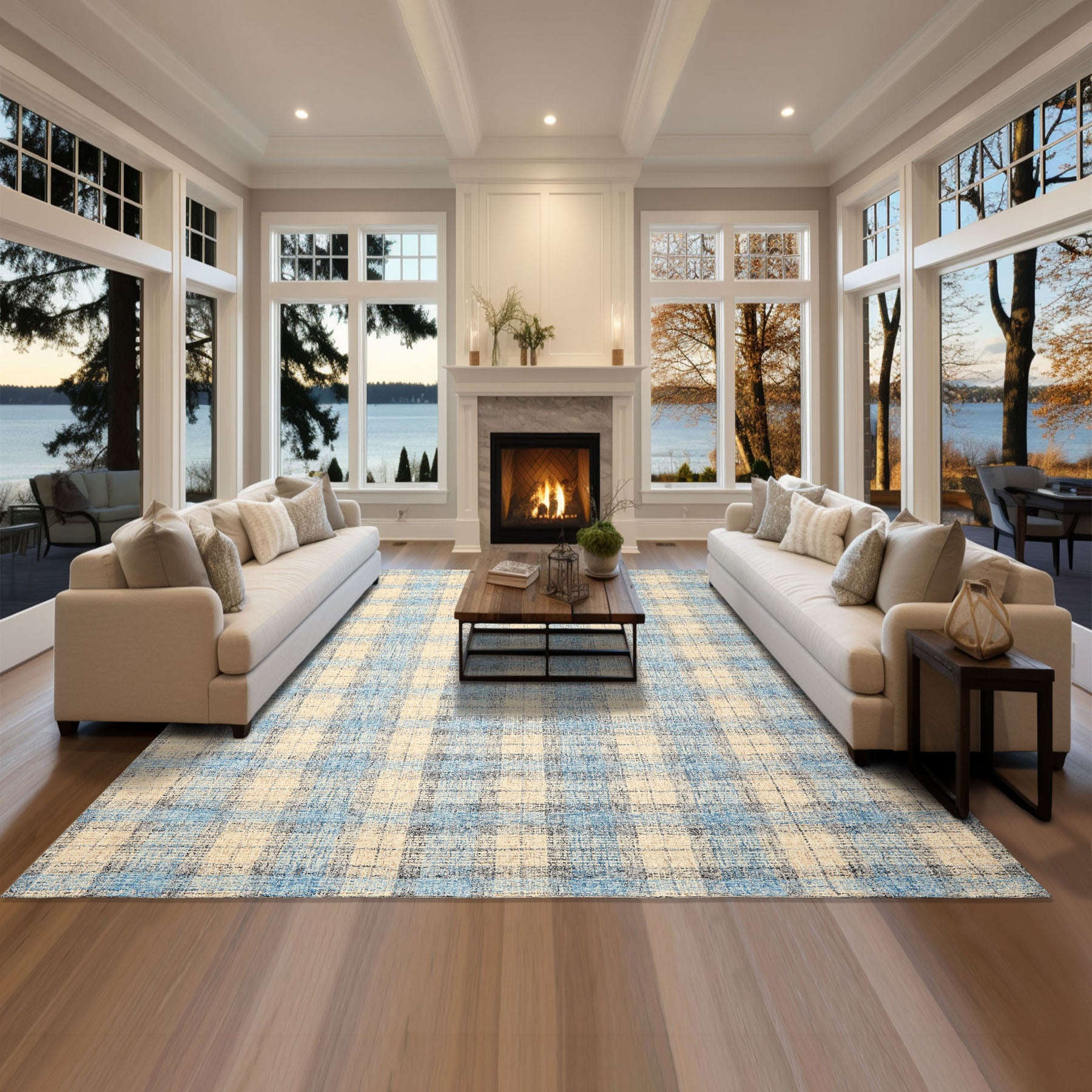 Multi Size Ivory Aqua Charcoal Color Hand Hooked  Wool Contemporary Oriental Rug
