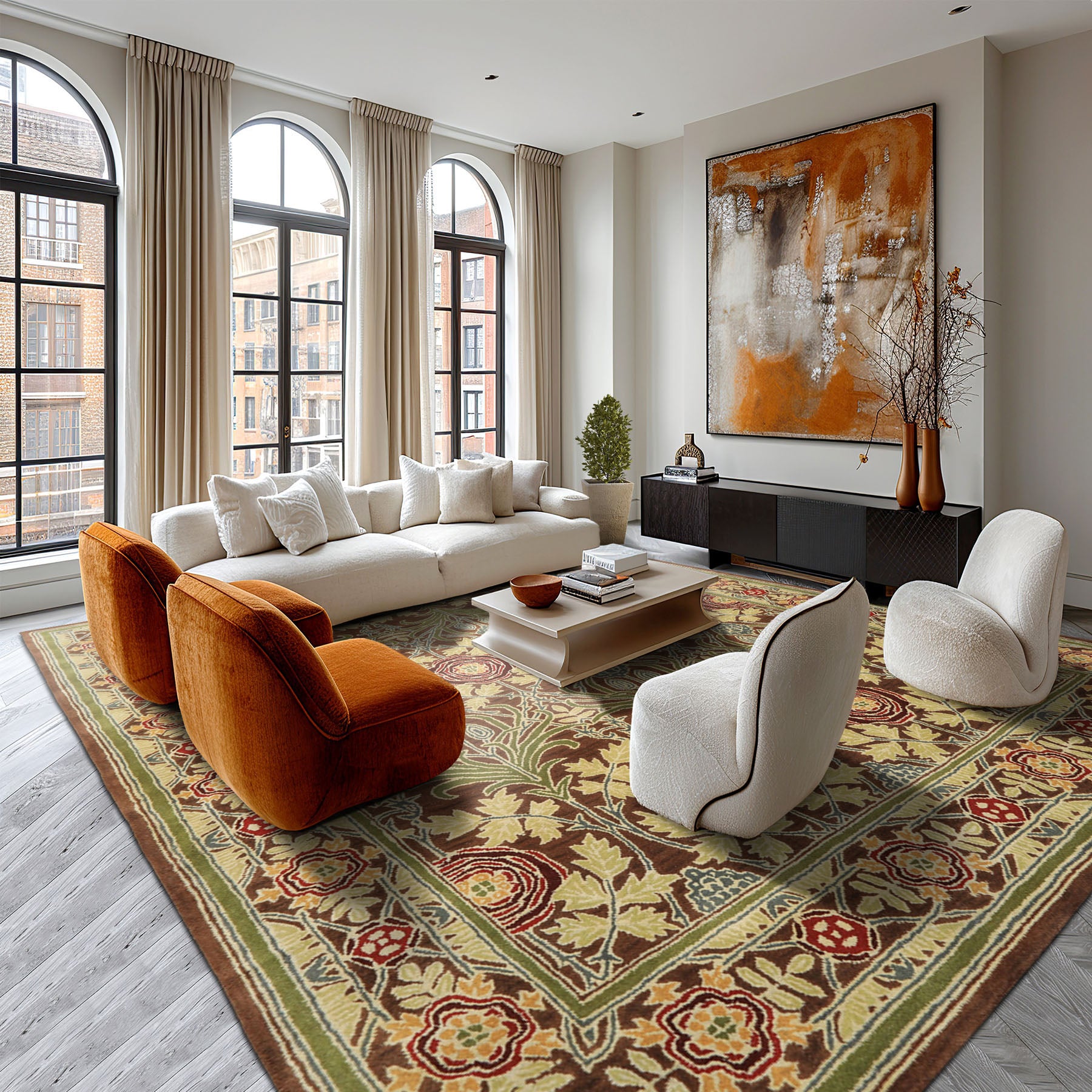 Multi Size Brown Sage Teal Color Hand Tufted William Morris Wool Arts & Crafts Oriental Rug