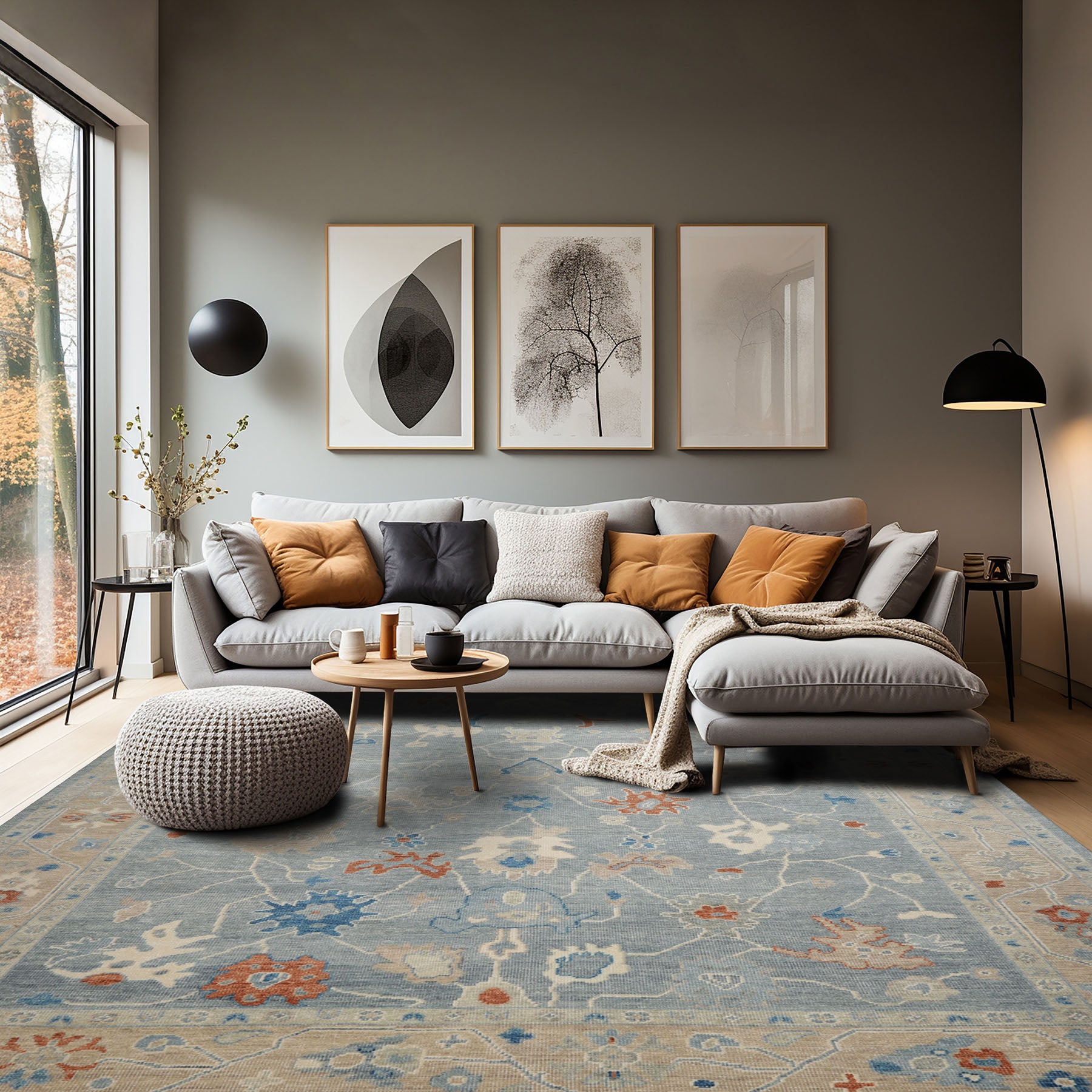 Multi Size Blue Taupe Ivory Color Hand Knotted Oushak Wool Arts & Crafts Oriental Rug