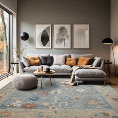 Multi Size Blue Taupe Ivory Color Hand Knotted Oushak Wool Arts & Crafts Oriental Rug