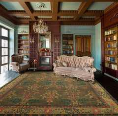 LoomBloom Multi Size Green Wool Hand Knotted Donegal Arts & Crafts Oriental Rug