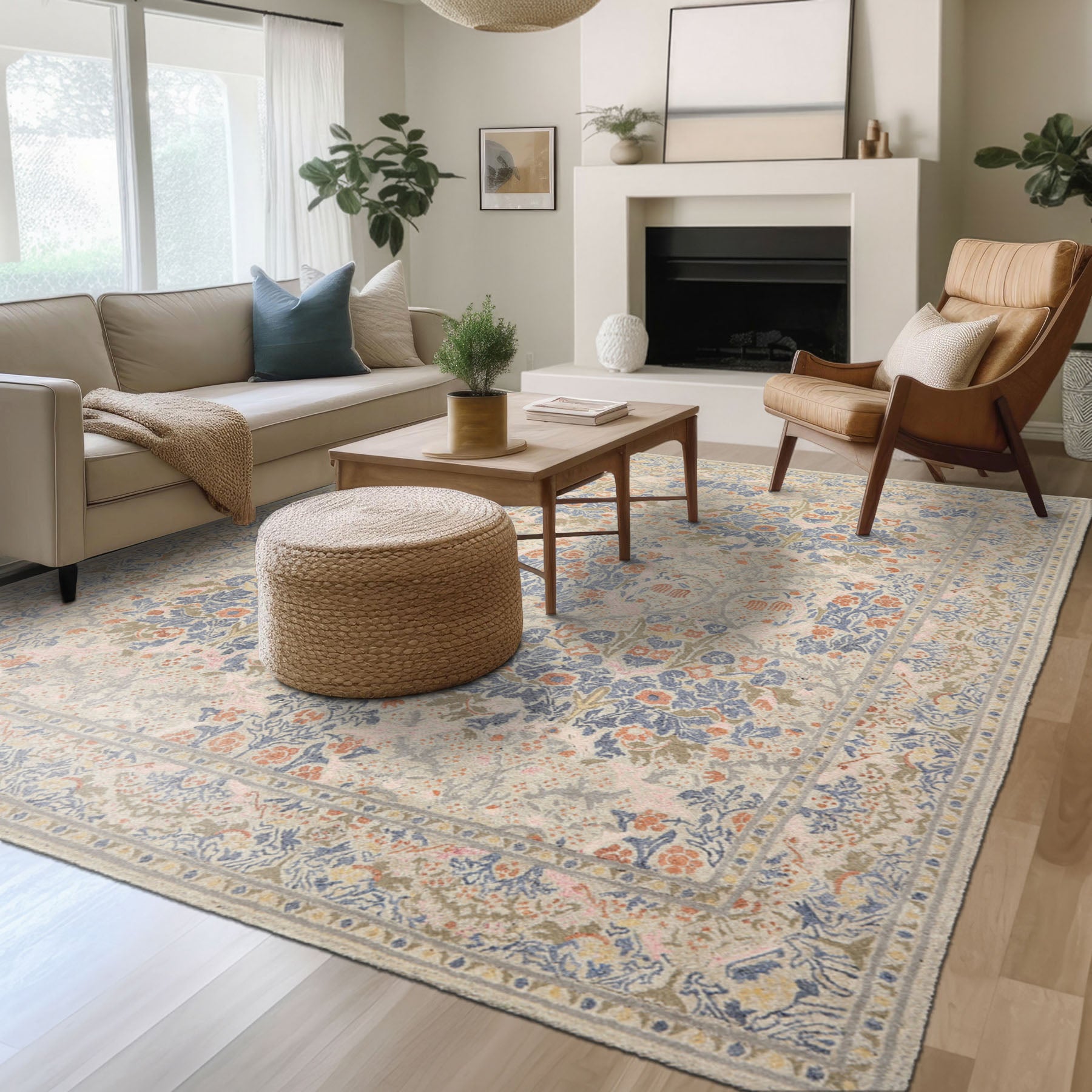 Multi Size Gray Beige Silver Color Hand Hooked William Morris Wool Traditional Oriental Rug