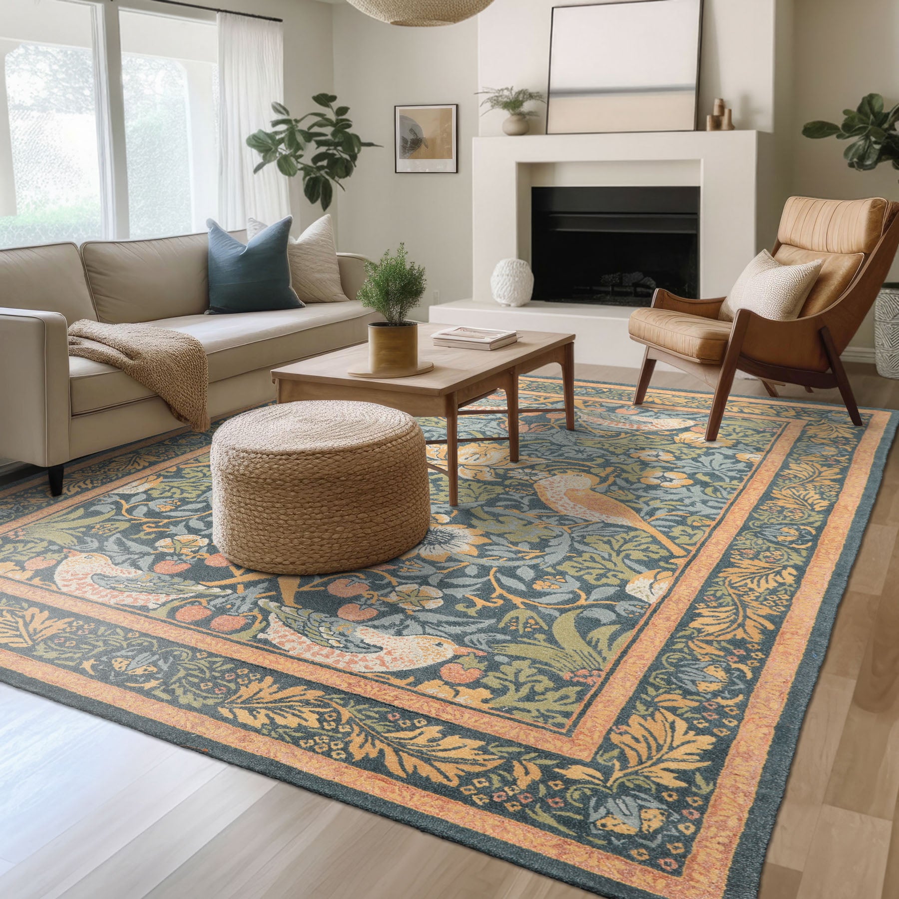 Multi Size Teal Aqua Peach Color Hand Hooked William Morris Wool Traditional Oriental Rug