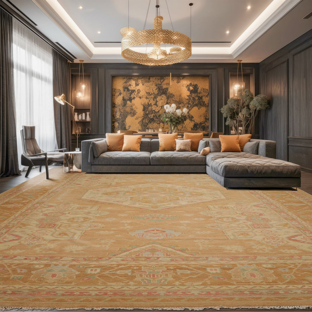 Oversize Tan, Beige, Blush Color Hand Knotted Medallion Wool Traditional Oriental Rug